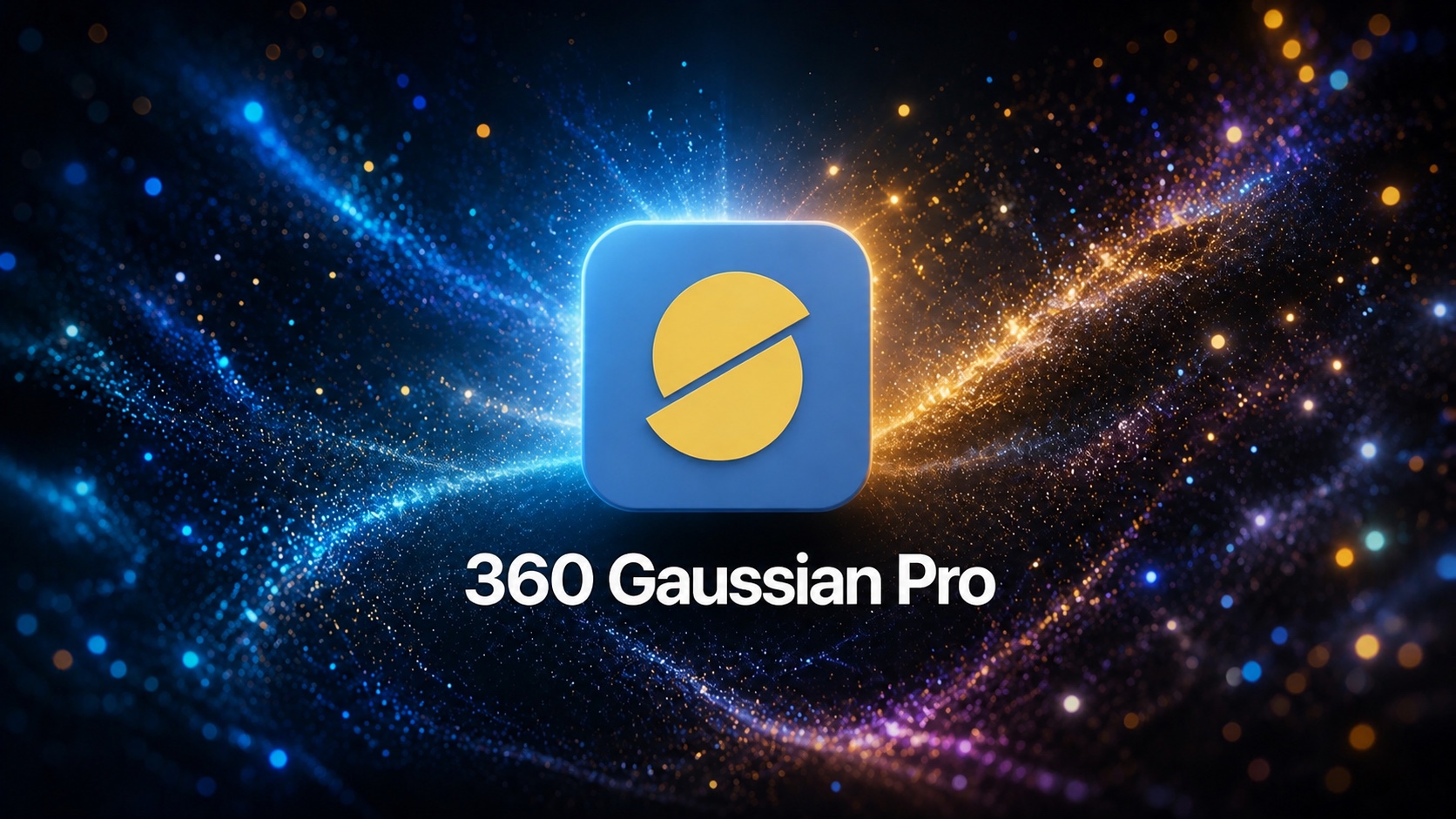 The 360 Gaussian Pro logo surrounded by luminous blue and gold splat particles