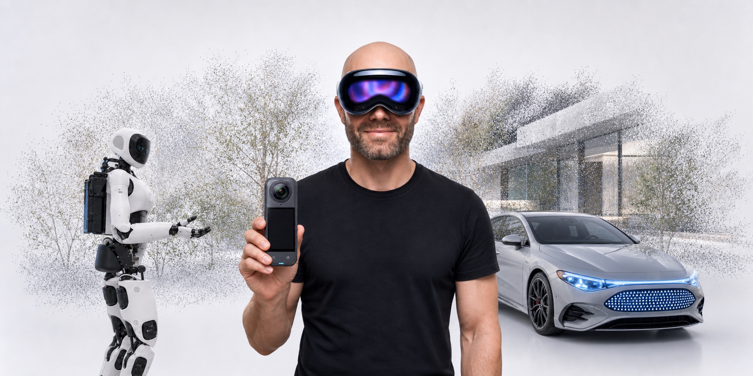 Justin Ryan wearing Apple Vision Pro and holding a 360 camera with a robot and self-driving car behind him