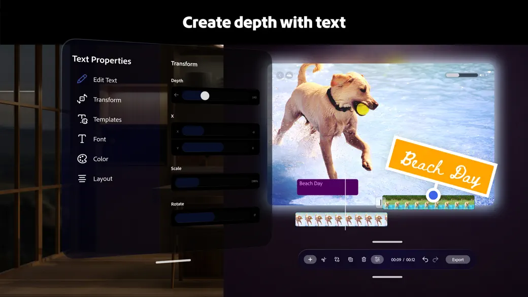 Depth controls positioning text in front of a video inside Adobe Premiere on Apple Vision Pro