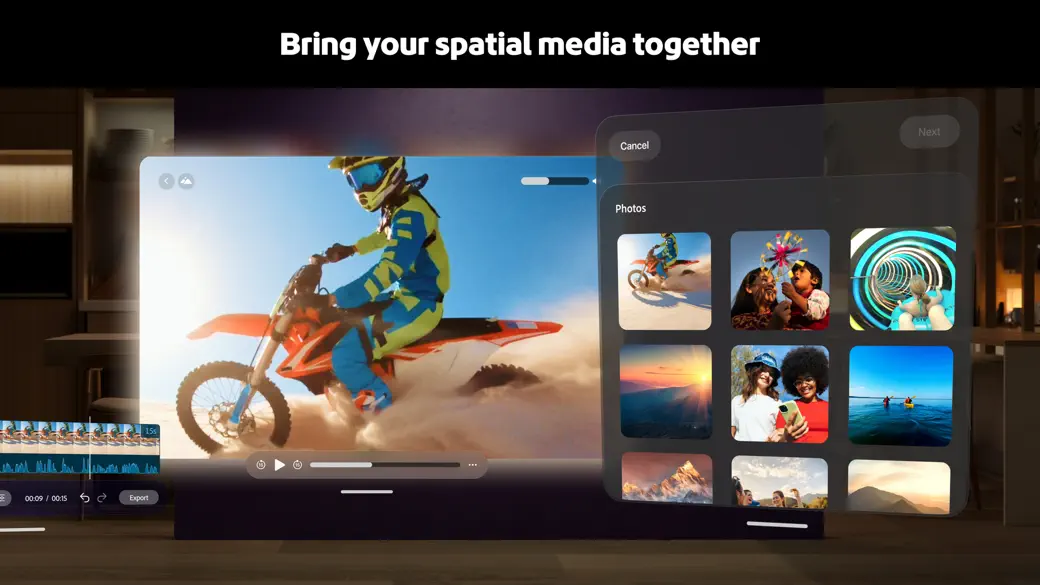 Adobe Premiere media browser open beside a spatial video project in visionOS