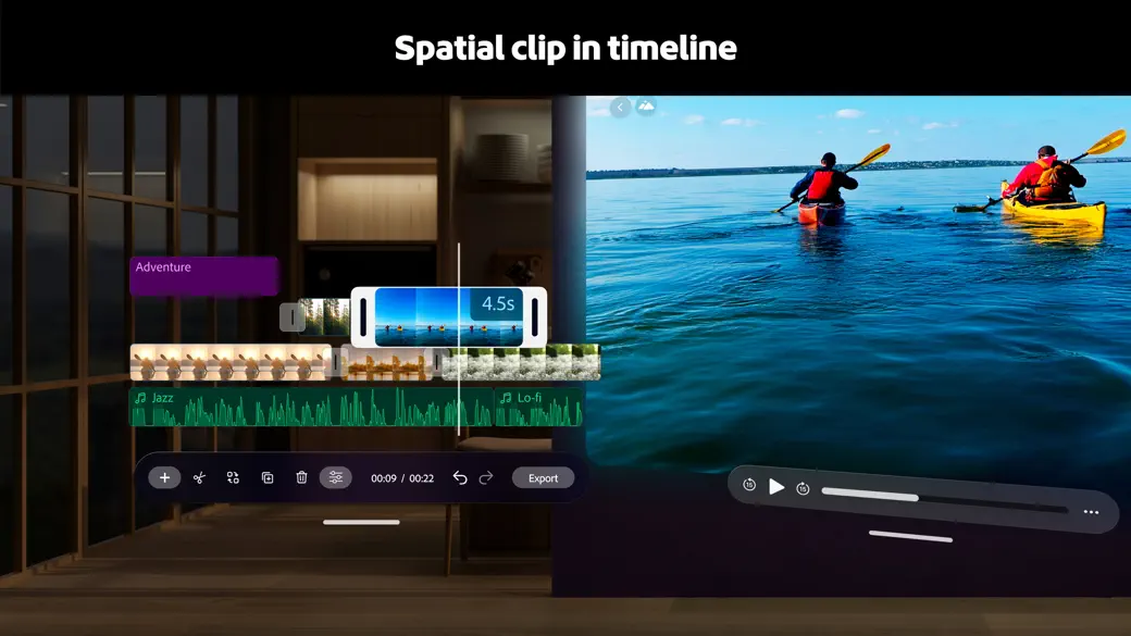 A spatial video clip selected inside the Adobe Premiere timeline on Apple Vision Pro