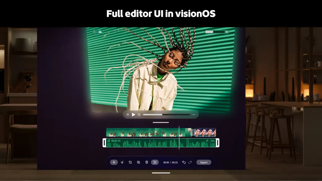 Adobe Premiere timeline and video editor arranged as floating panels in visionOS