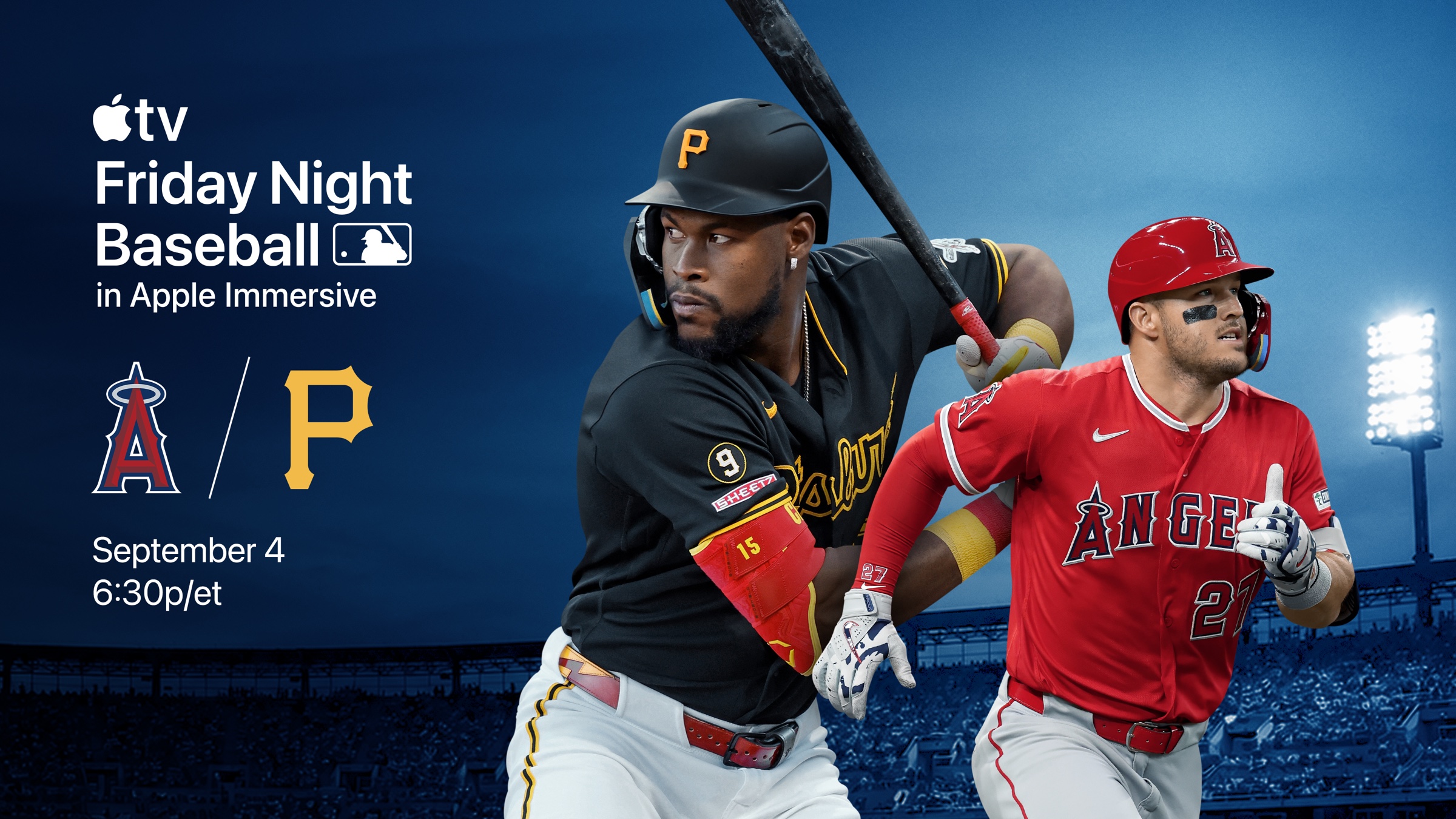 Pirates and Angels players in Apple Friday Night Baseball artwork for the September 4 Apple Immersive game
