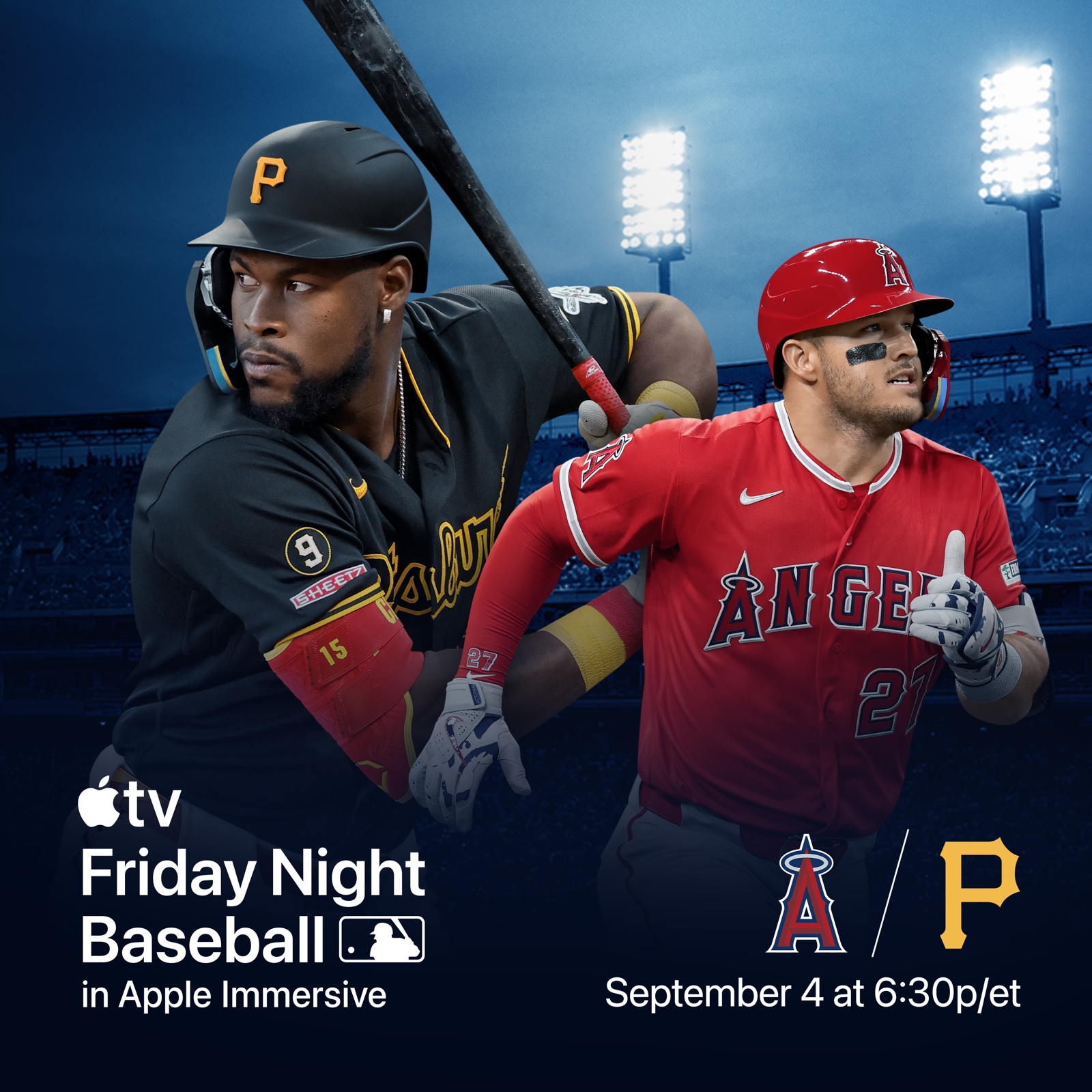 Pirates and Angels players in square Apple Friday Night Baseball artwork