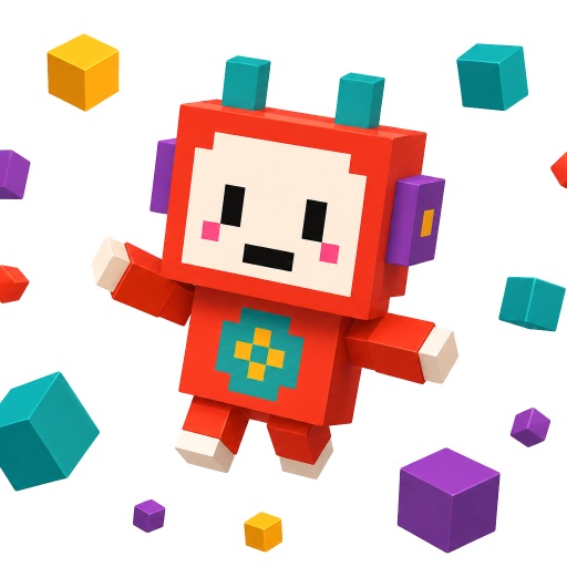 Kooboori app icon with a red cube-built character surrounded by colorful blocks