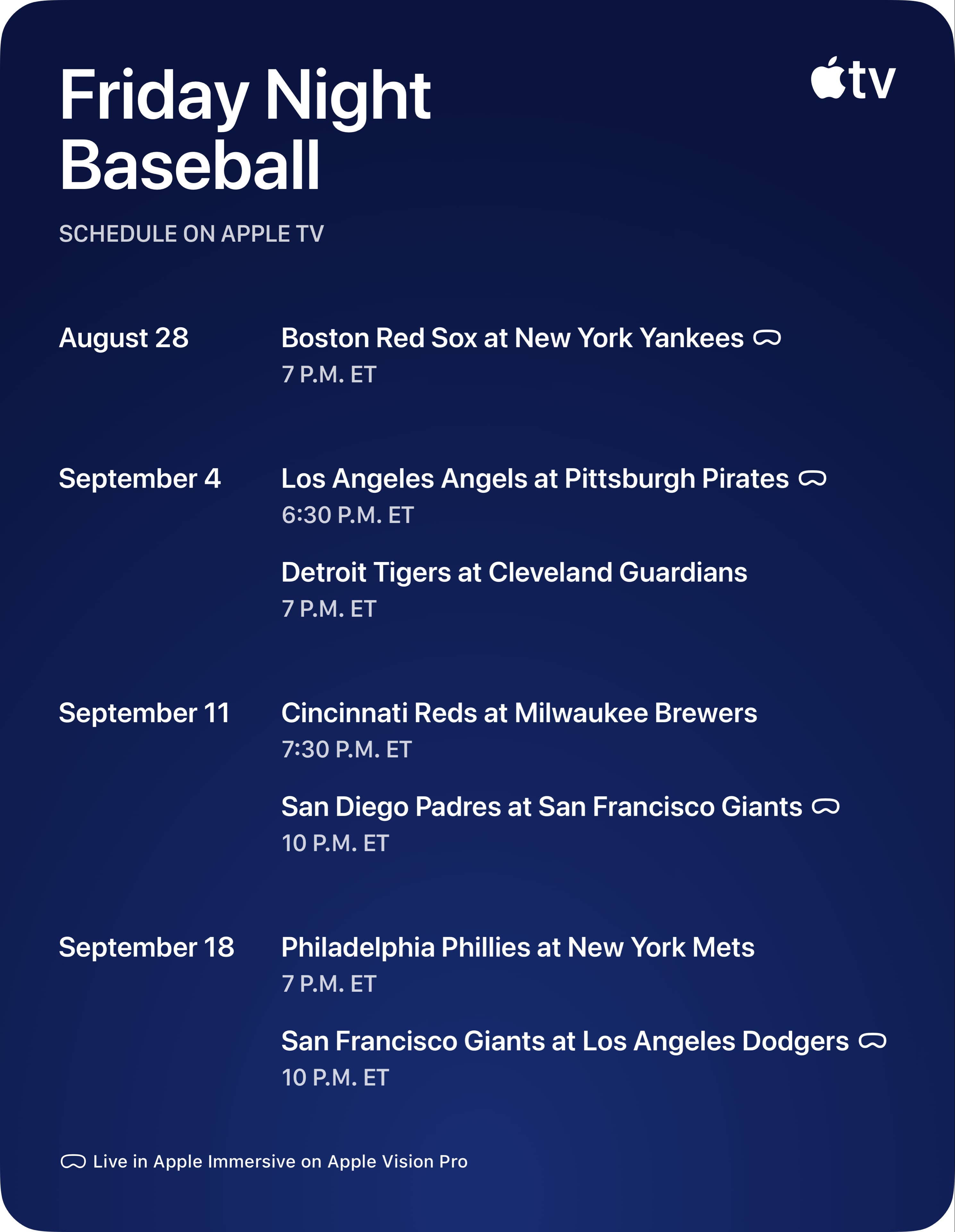 Friday Night Baseball schedule from August 28 through September 18, with Apple Immersive symbols beside four Vision Pro games