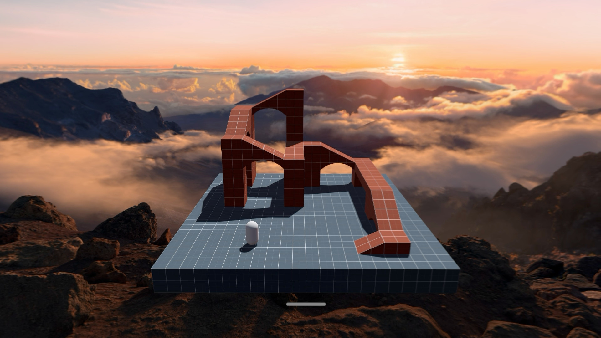 A simple 3D obstacle course floating above a mountain environment on Apple Vision Pro