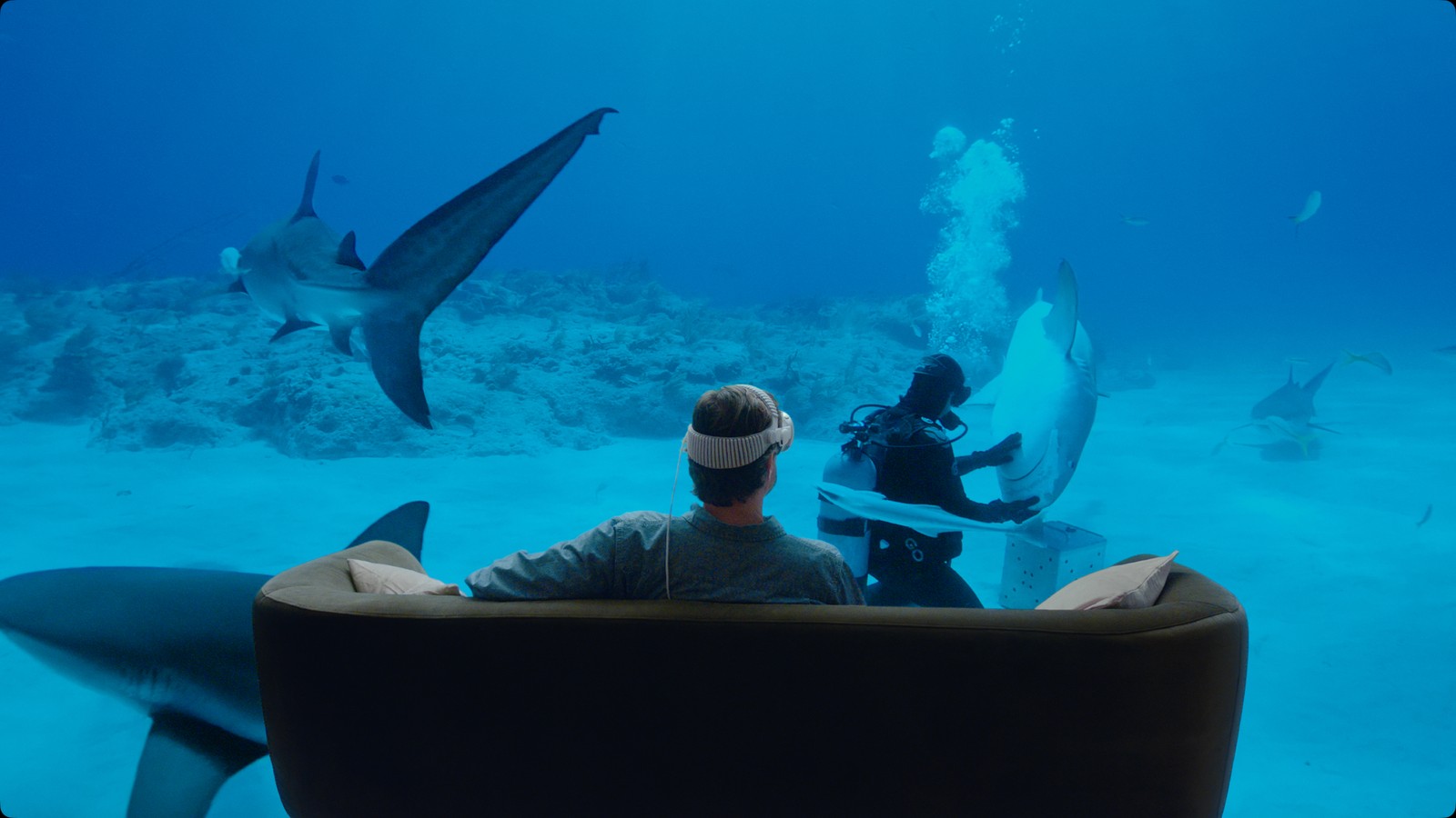 Apple promotional image of a Vision Pro wearer on a sofa surrounded by an underwater scene with sharks and a diver