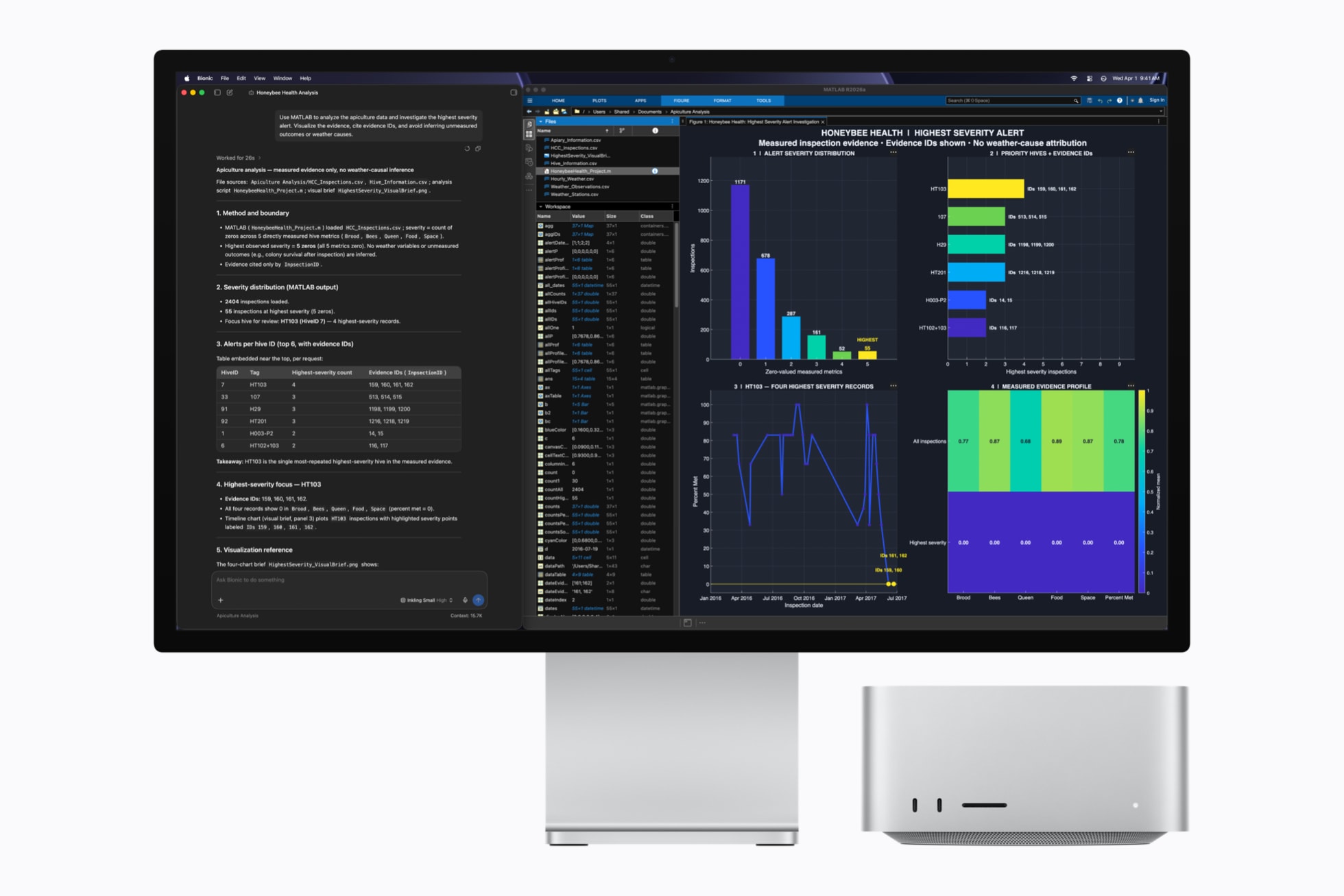 Mac Studio beside a display running a local AI assistant and MATLAB data analysis