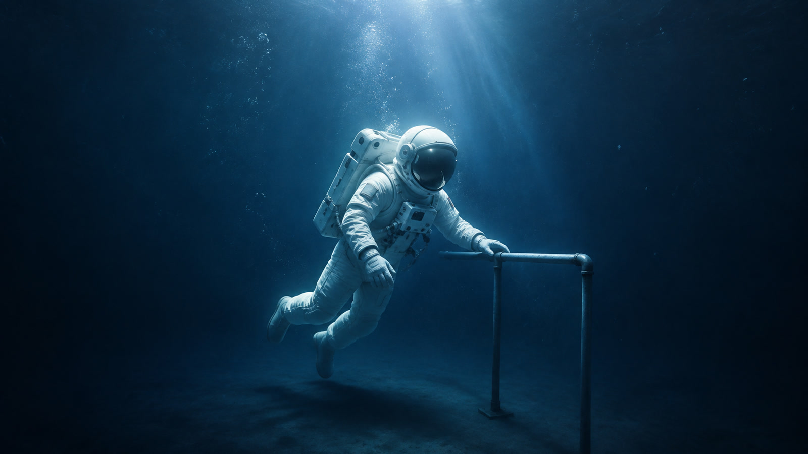 AI illustration of an astronaut floating beside a training handrail underwater.