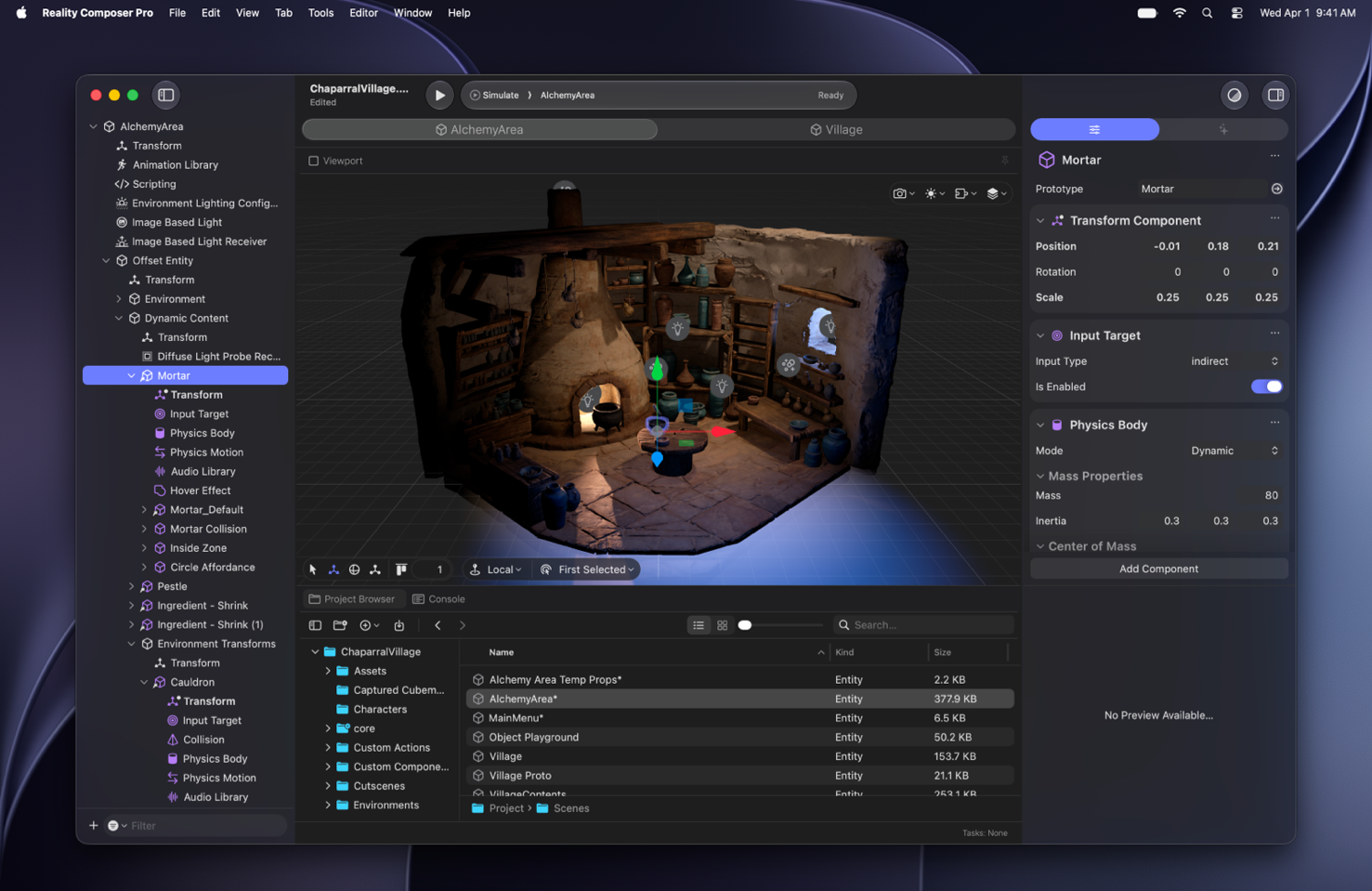 Reality Composer Pro 3 open on a Mac with a 3D scene and visual scripting tools