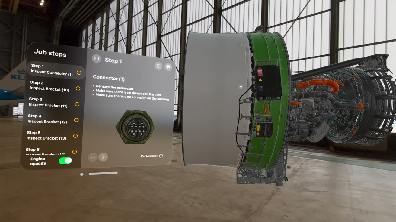 A KLM engineer uses Apple Vision Pro to explore an interactive aircraft engine maintenance experience