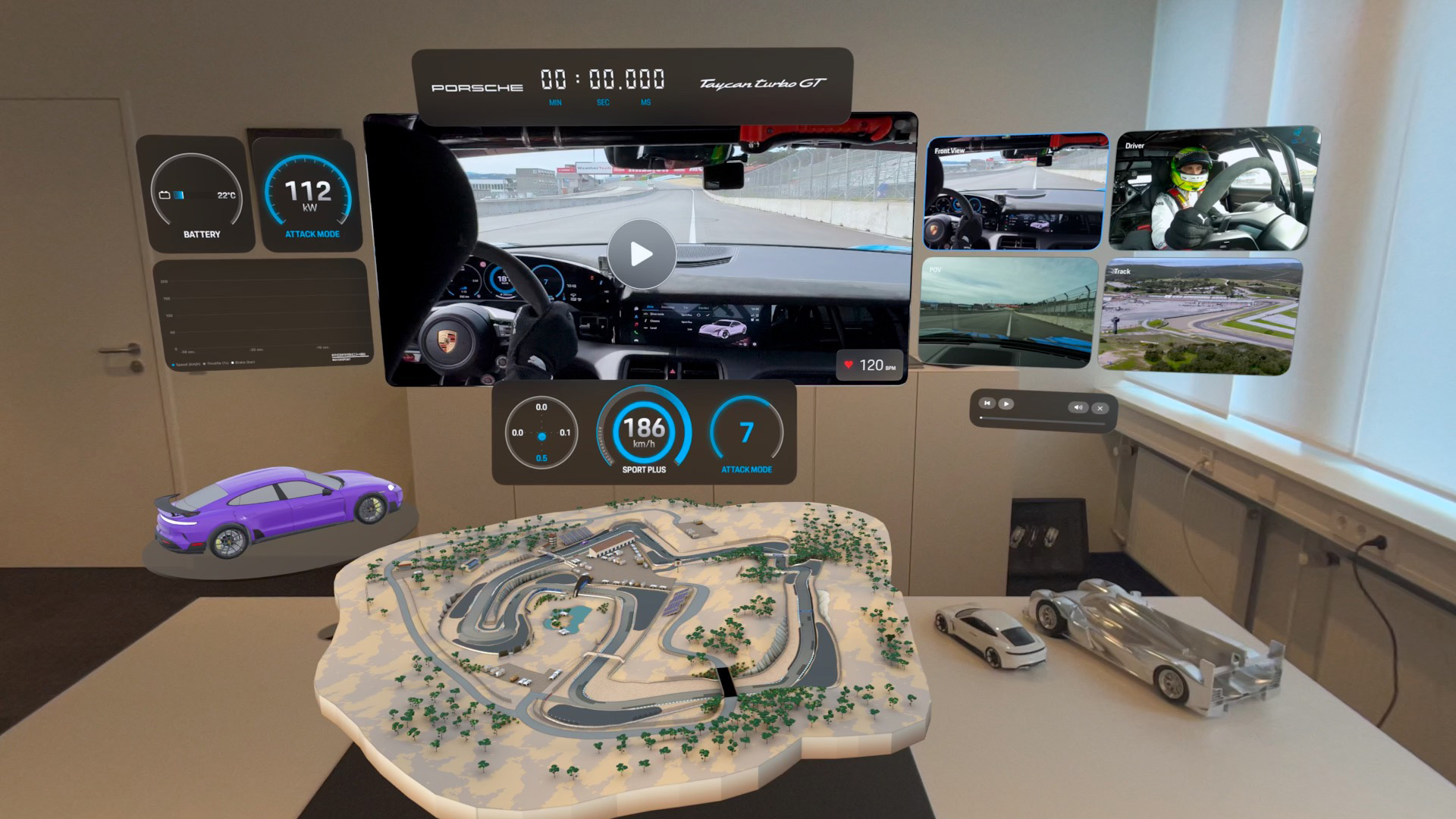 The Porsche Race Engineer app surrounds a room with live racing data, camera views, and a spatial track model