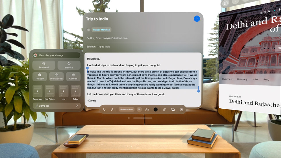 Writing Tools powered by Apple Intelligence shown in visionOS 2.4