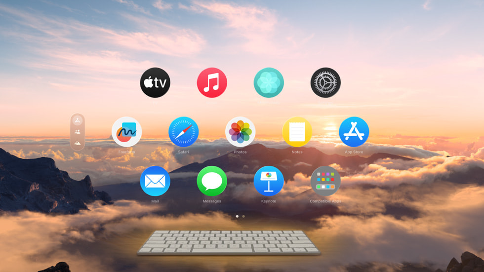 A Magic Keyboard remains visible inside an Apple Vision Pro Environment