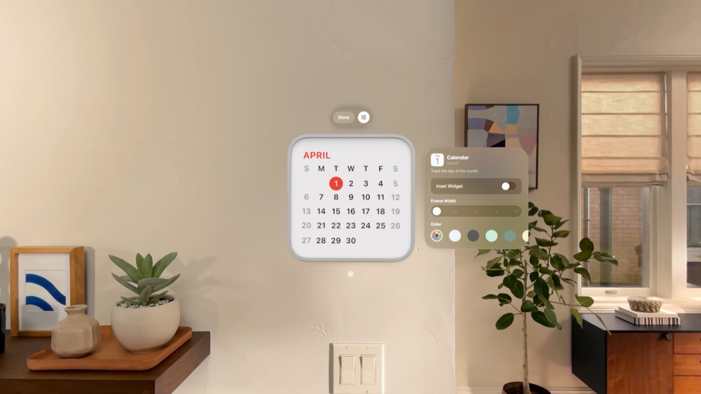 A customizable Calendar widget placed on a wall in visionOS 26