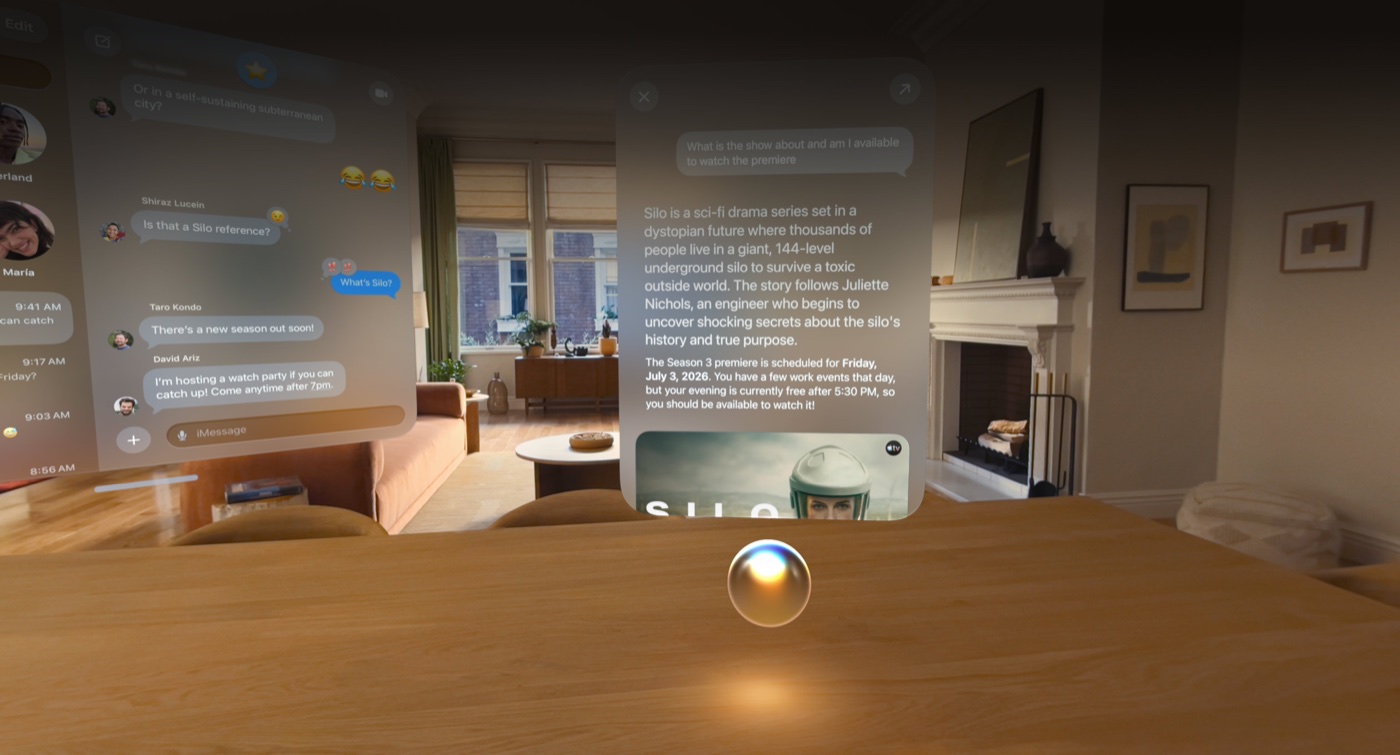 Siri AI answering a question inside an Apple Vision Pro spatial view
