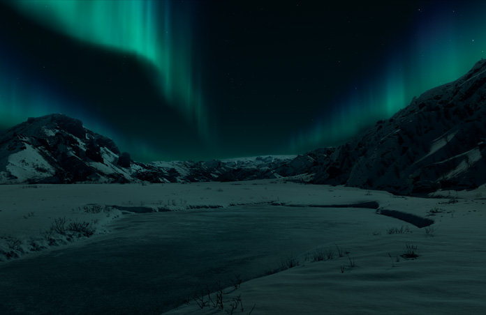 The Thórsmörk Environment surrounds an Apple Vision Pro user with an Icelandic aurora