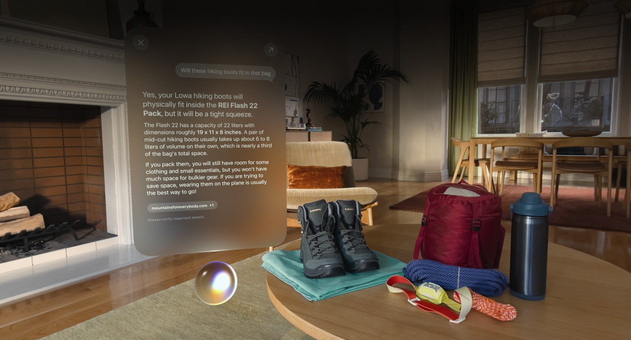 Visual Intelligence answers a question about hiking gear in an Apple Vision Pro view