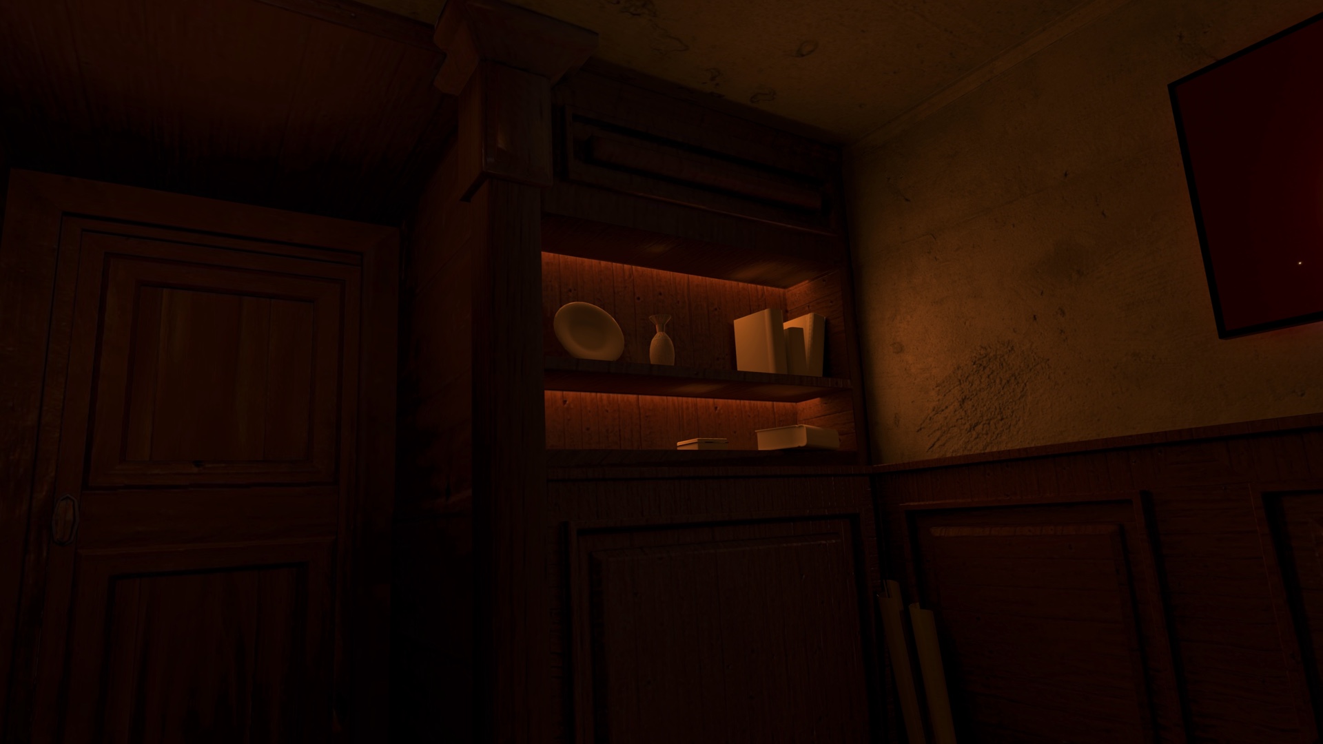 A dark wood door and softly lit shelves on the back side of WebKit’s Escape Room environment