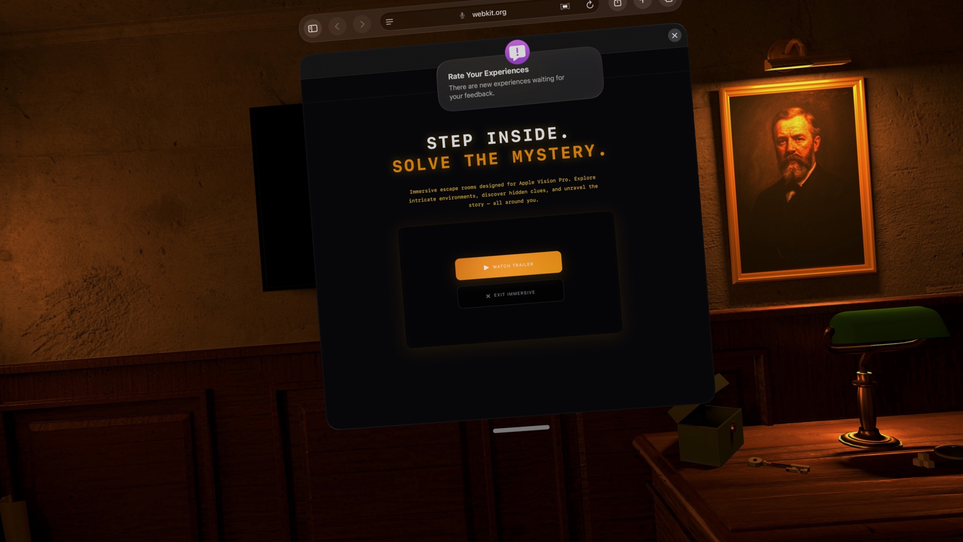 The WebKit Escape Room website floating in front of a dark wood room in Safari on Apple Vision Pro