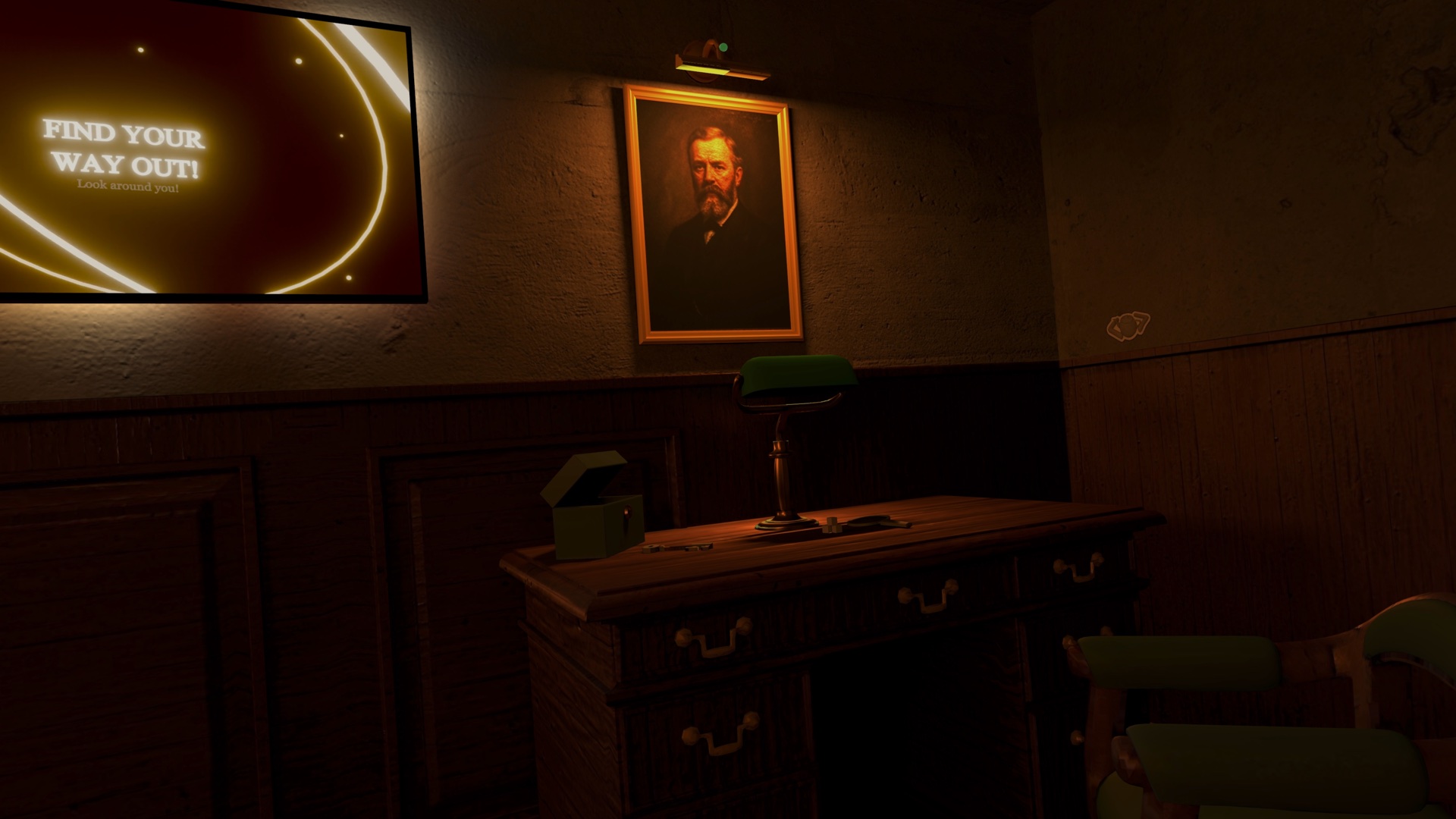 A video docked onto a glowing wall screen inside WebKit’s dark wood Escape Room on Apple Vision Pro