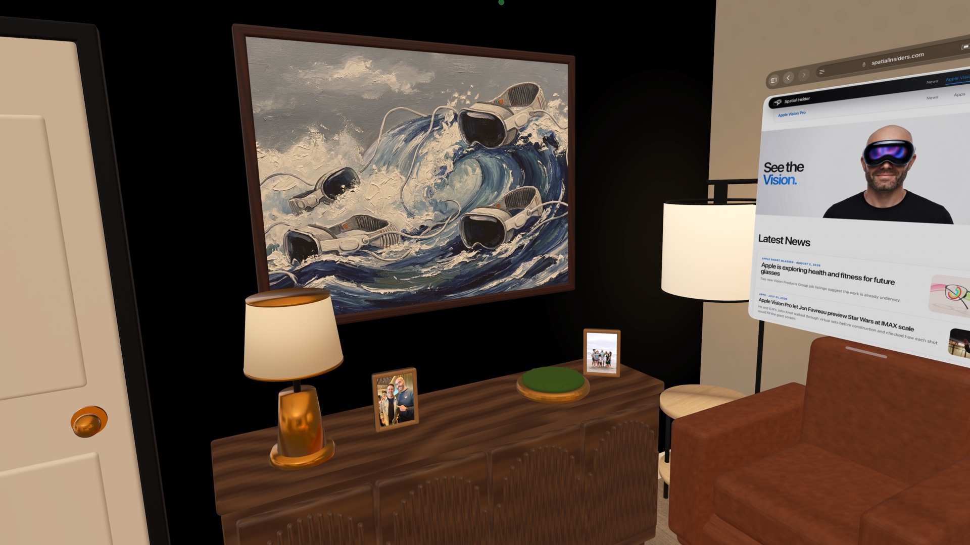 A Vision Pro painting, warm lamps, framed photos, a sofa, and the live Spatial Insider website inside its latest immersive studio