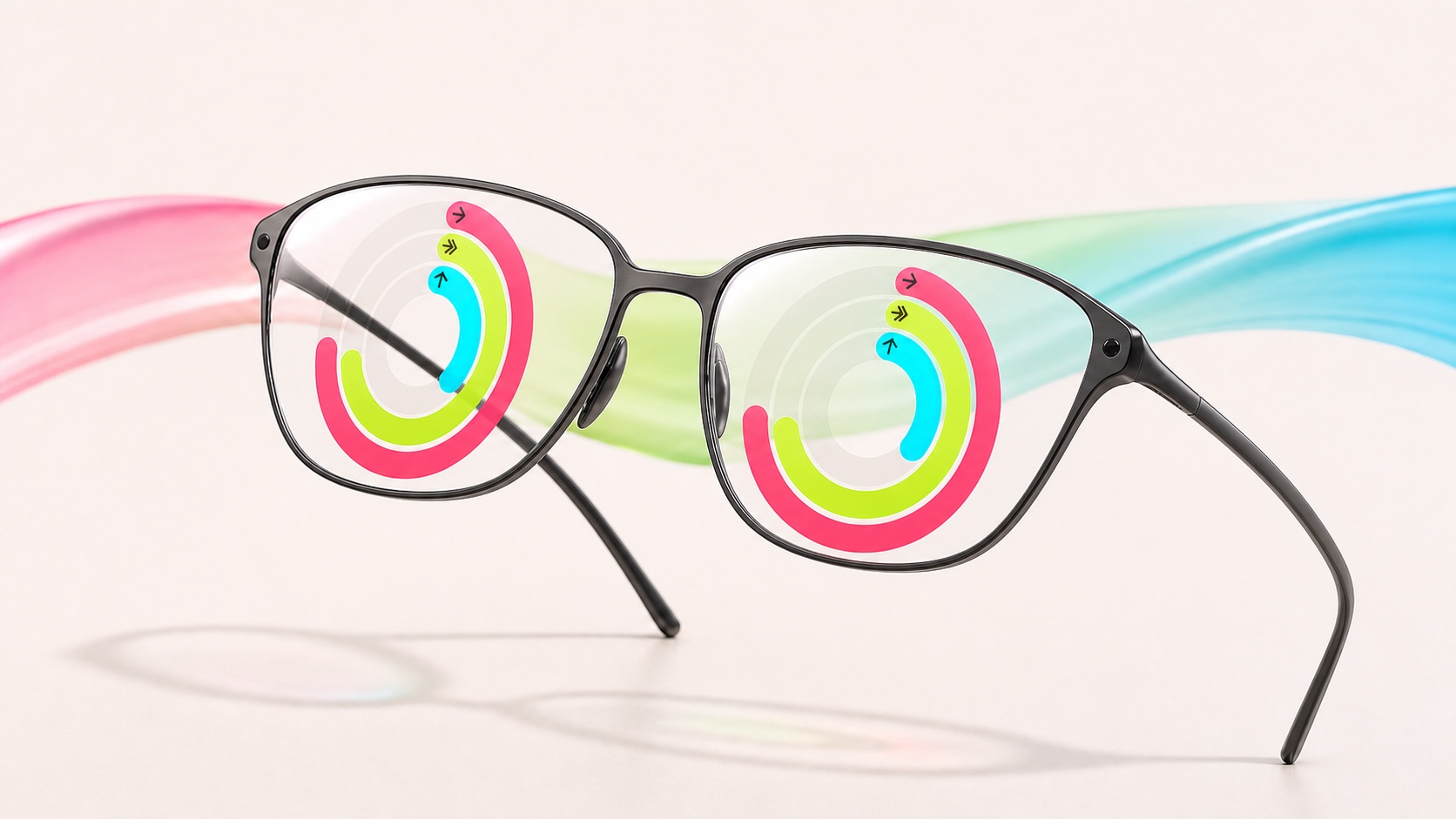 Editorial campaign concept of black titanium optical glasses with colorful Activity rings embedded inside clear lenses