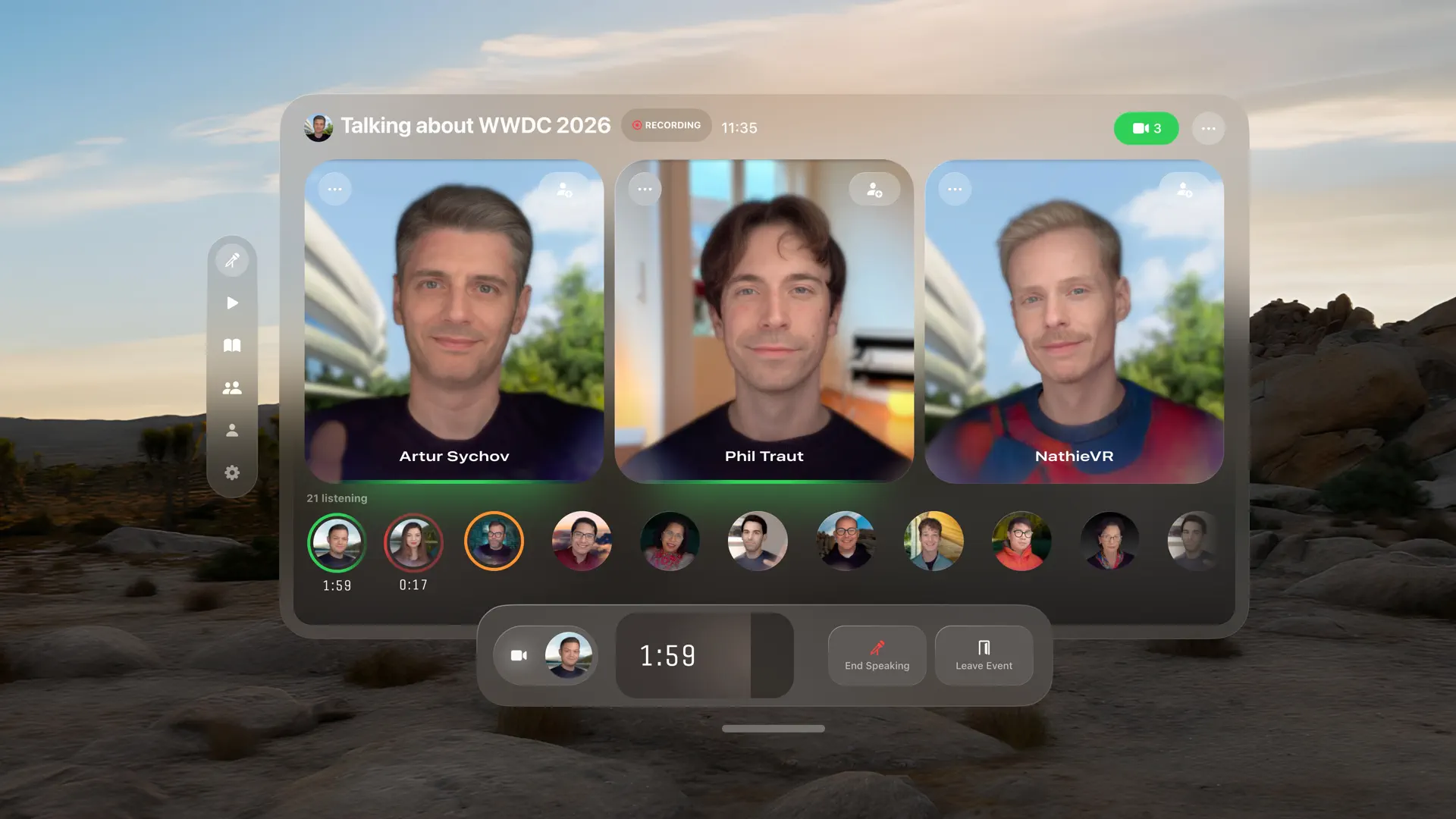 An AuraTap event on Apple Vision Pro with three Persona speakers, 21 listeners, and a recording indicator