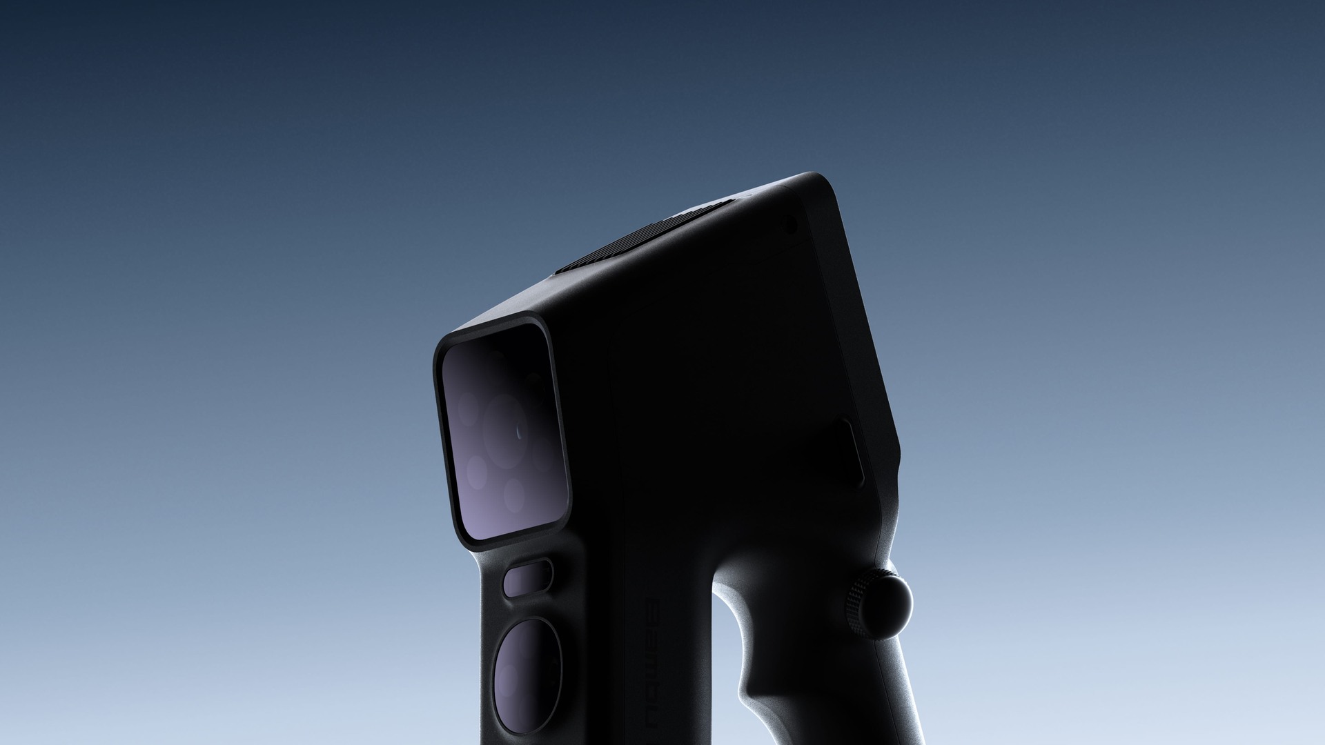 Bambu Lab’s dark S1 handheld 3D scanner, showing its front sensor window, buttons, and part of its grip in official teaser artwork
