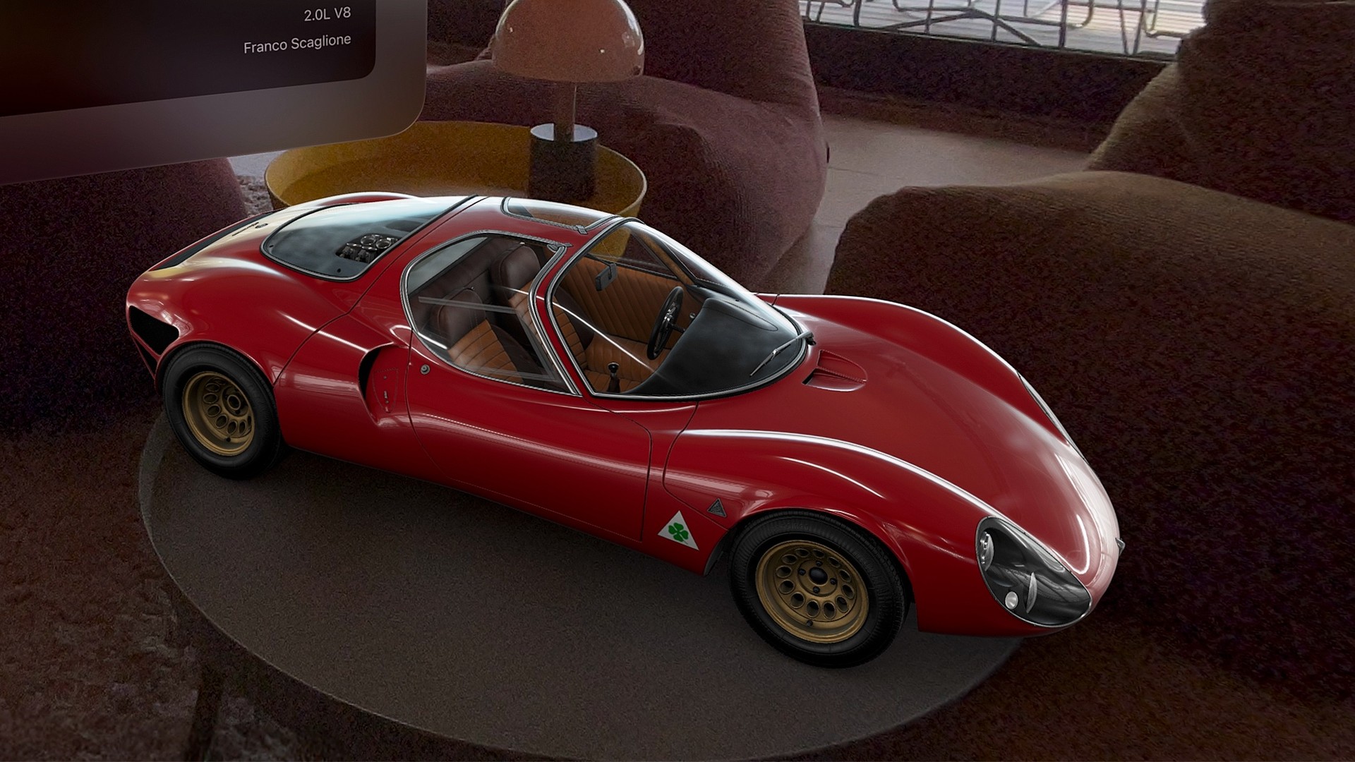 A red Alfa Romeo Tipo 33 Stradale model displayed on a table in a living room in Caradise on Apple Vision Pro