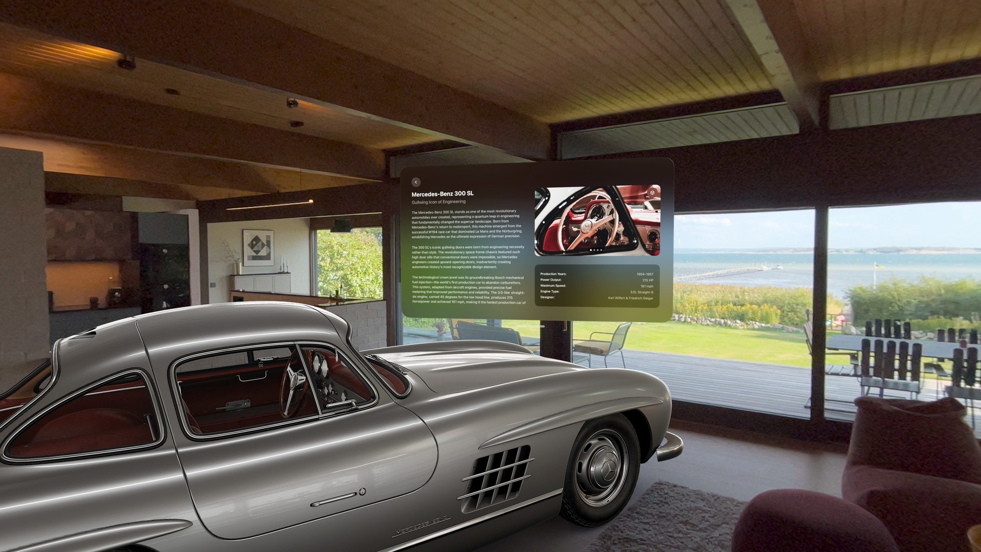 A silver Mercedes-Benz 300 SL model with a detailed red interior placed in a living room in Caradise