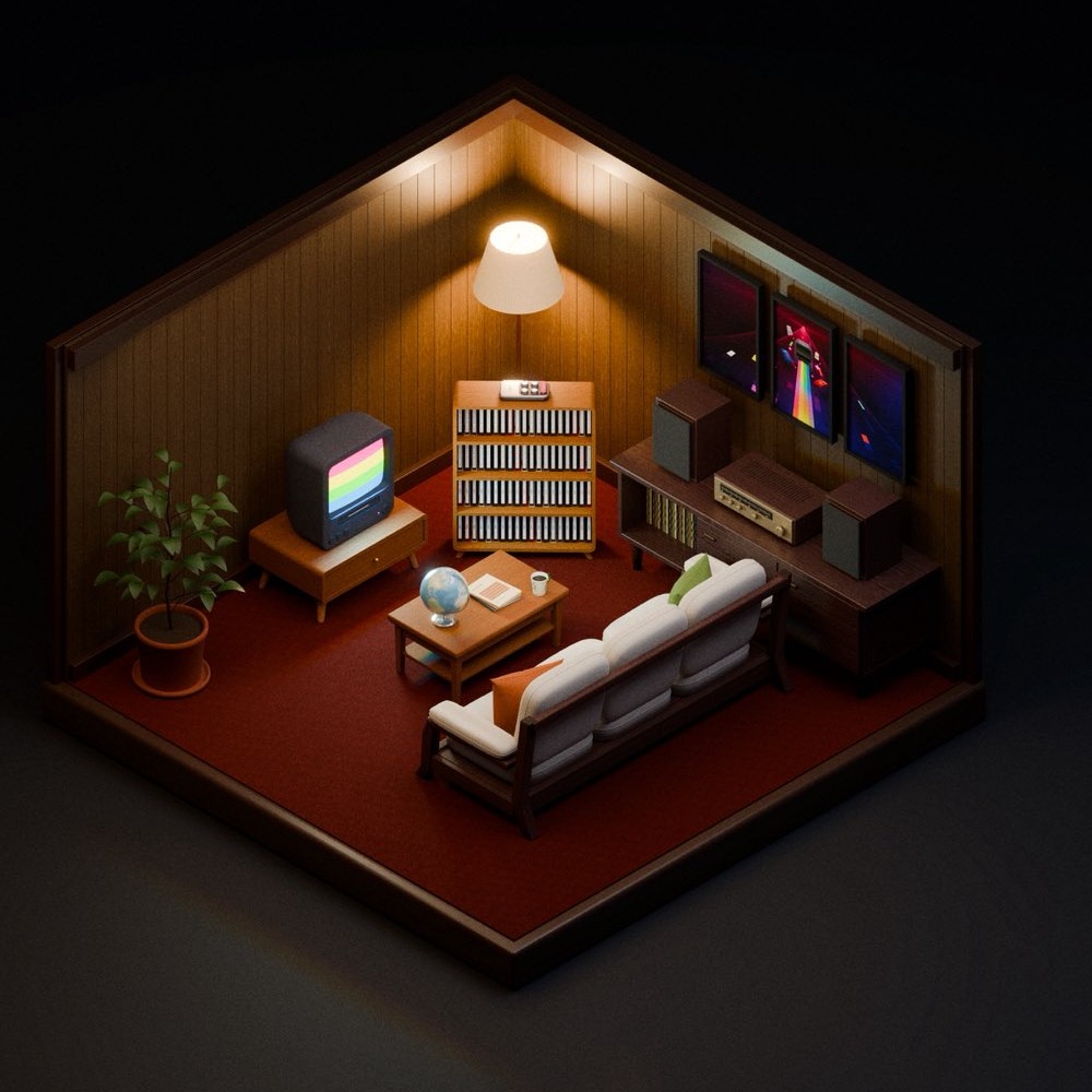 Cassette launch artwork with a miniature wood-paneled room, retro television and VHS tape shelf
