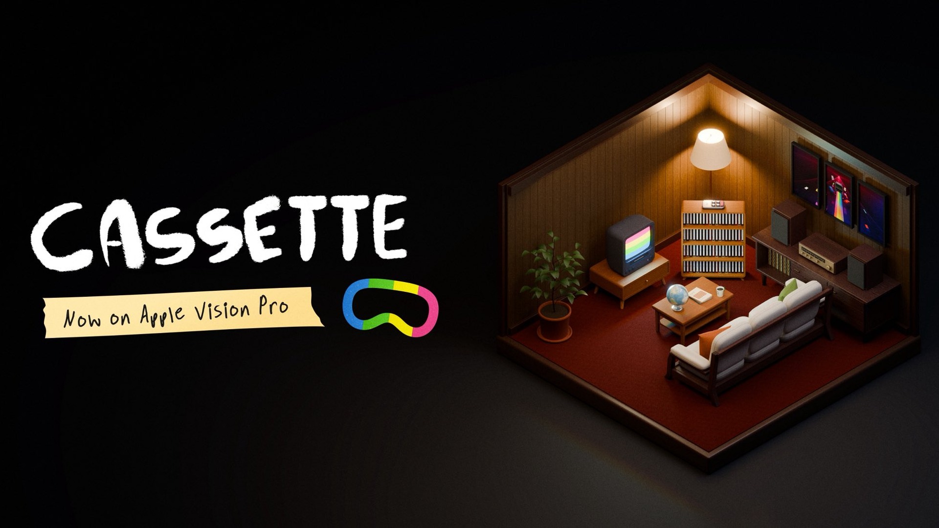 Cassette launch artwork with a miniature wood-paneled room, retro television and VHS tape shelf