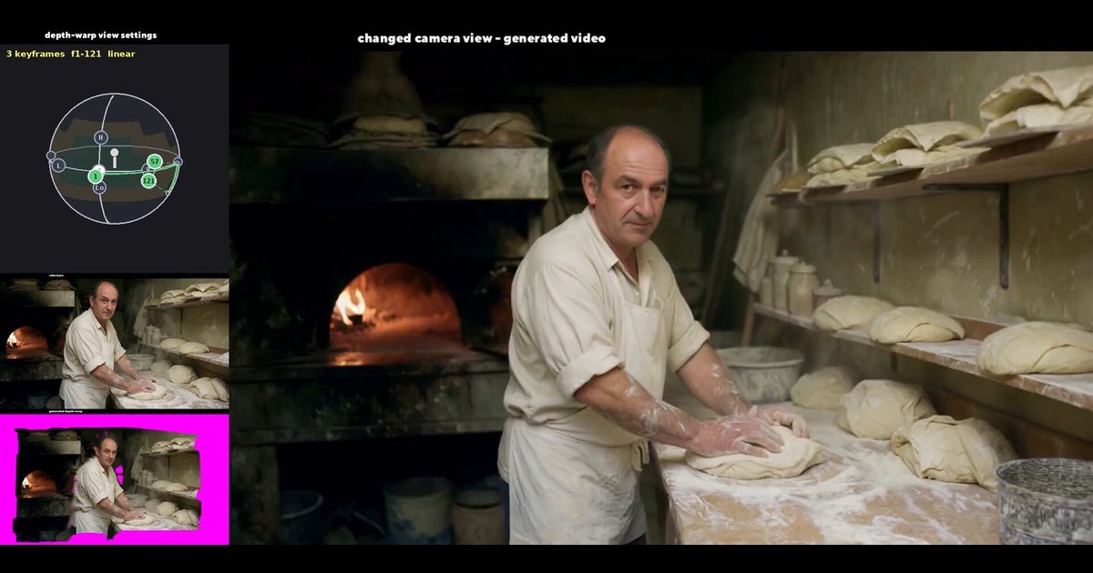 CrossView Warp controls and depth-warp references beside an AI-generated camera view of a baker working with dough