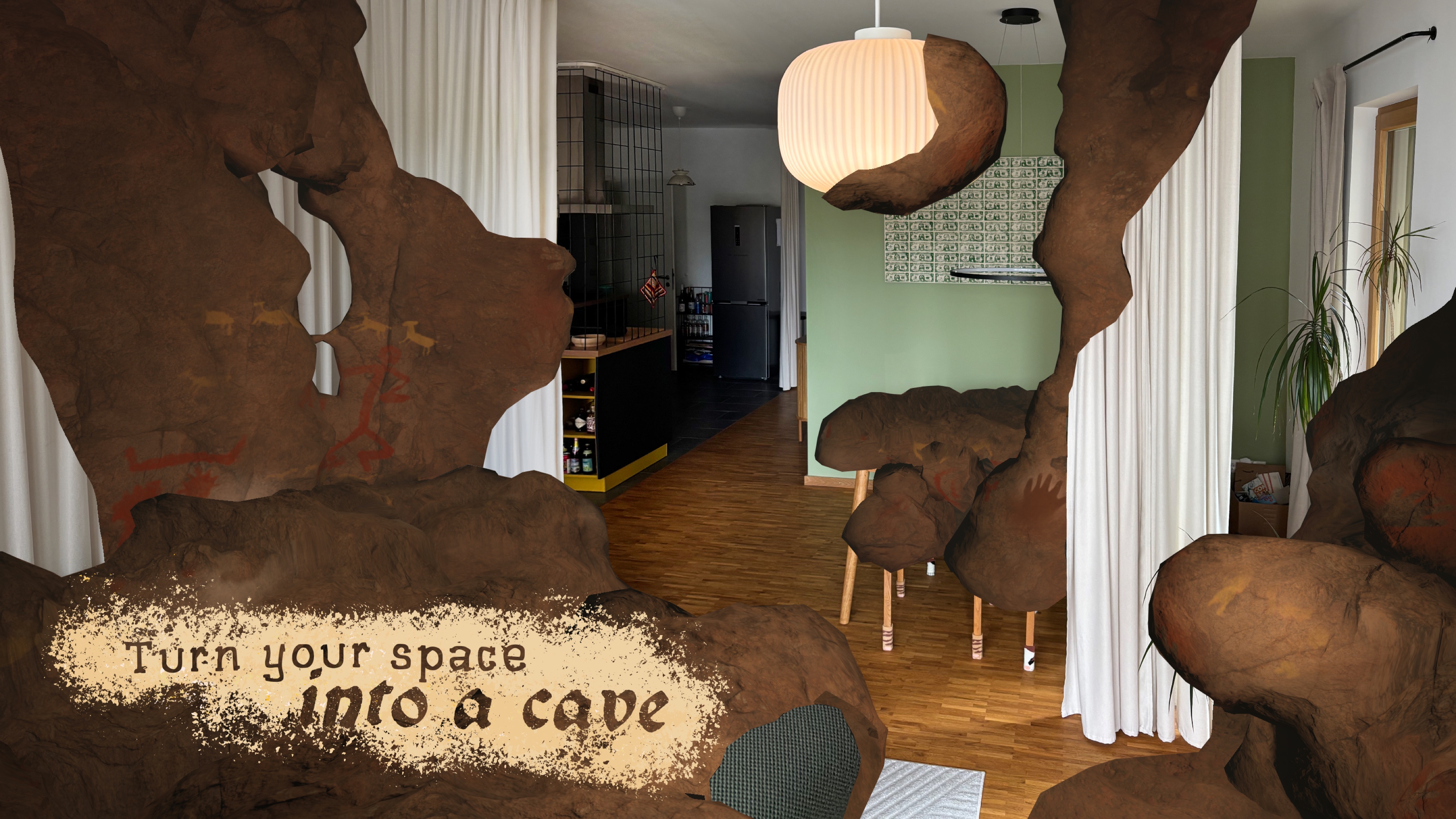 A living room partly covered by virtual cave rock in Cueva de las Manos
