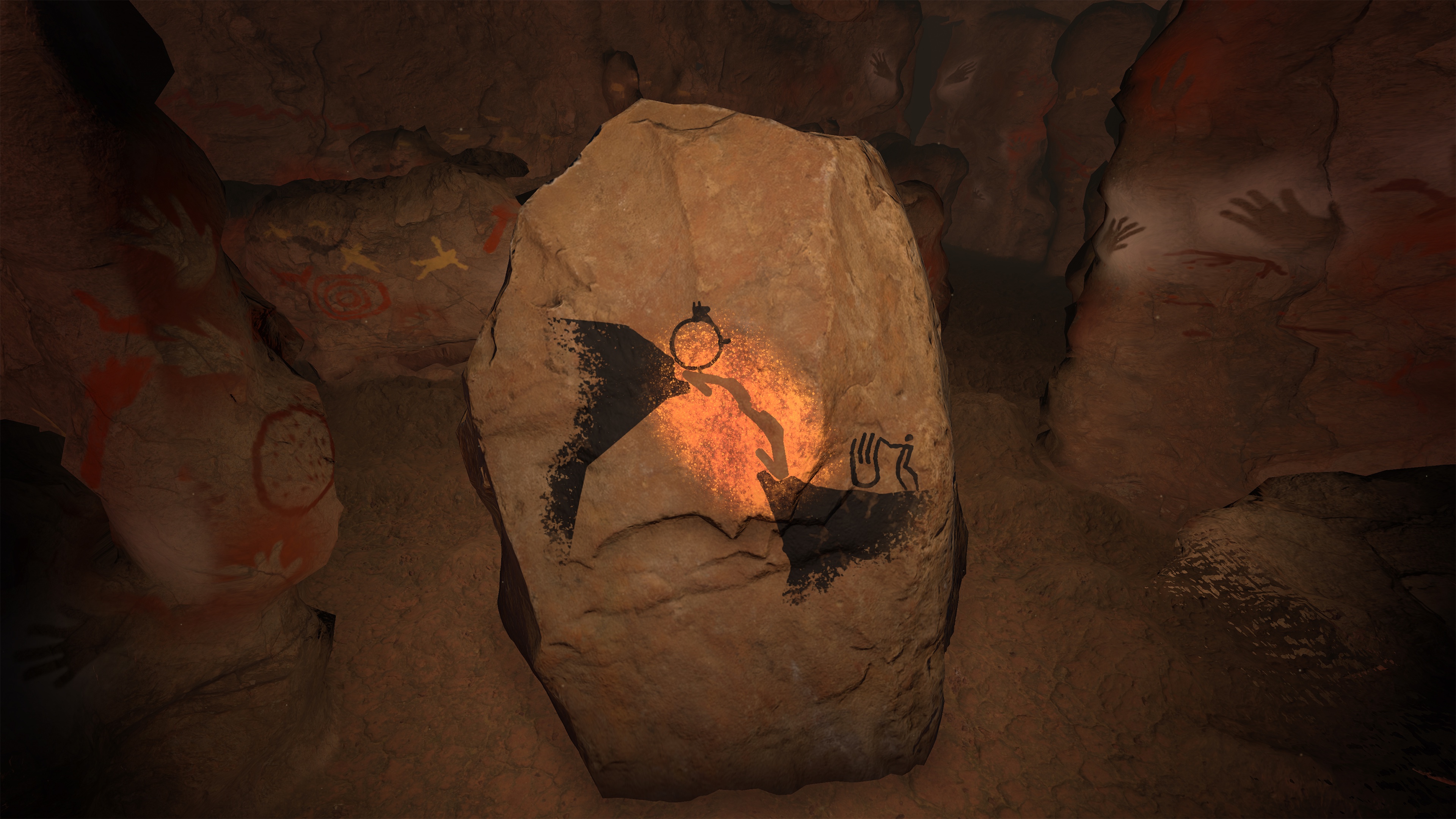 A hand shadow glowing orange as it moves a painted figure in Cueva de las Manos