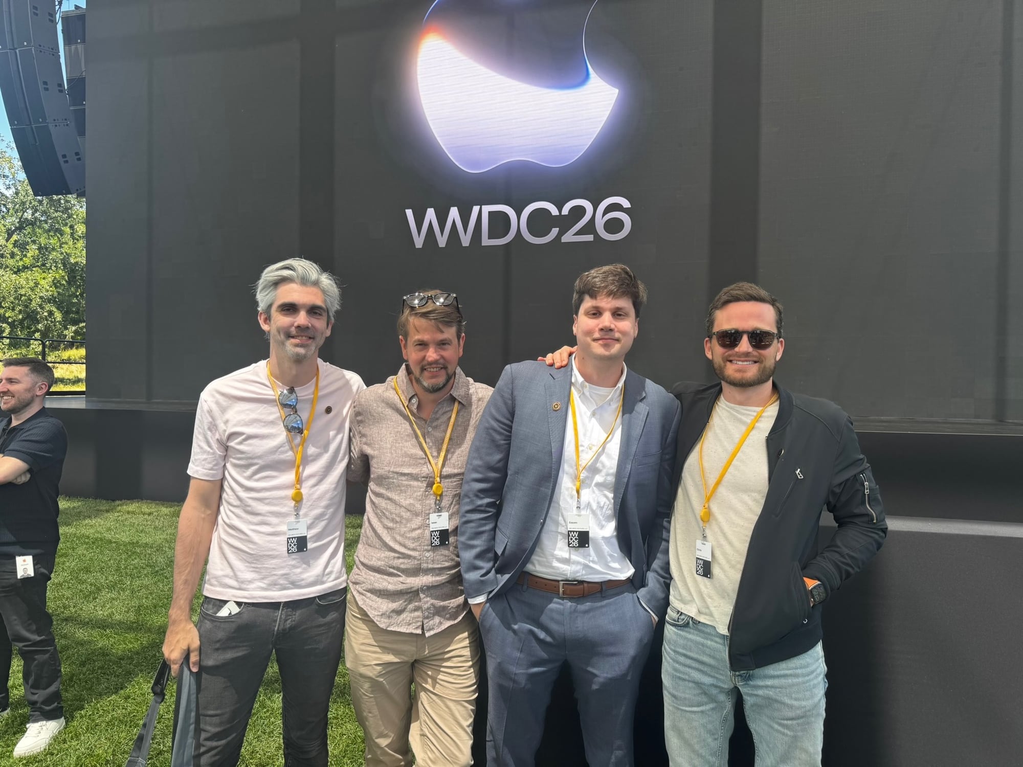 NBA Vision Pro team members Matt Parrott, Isaac Schmidt, Essem Harris, and Chris Bestwick standing together at WWDC26