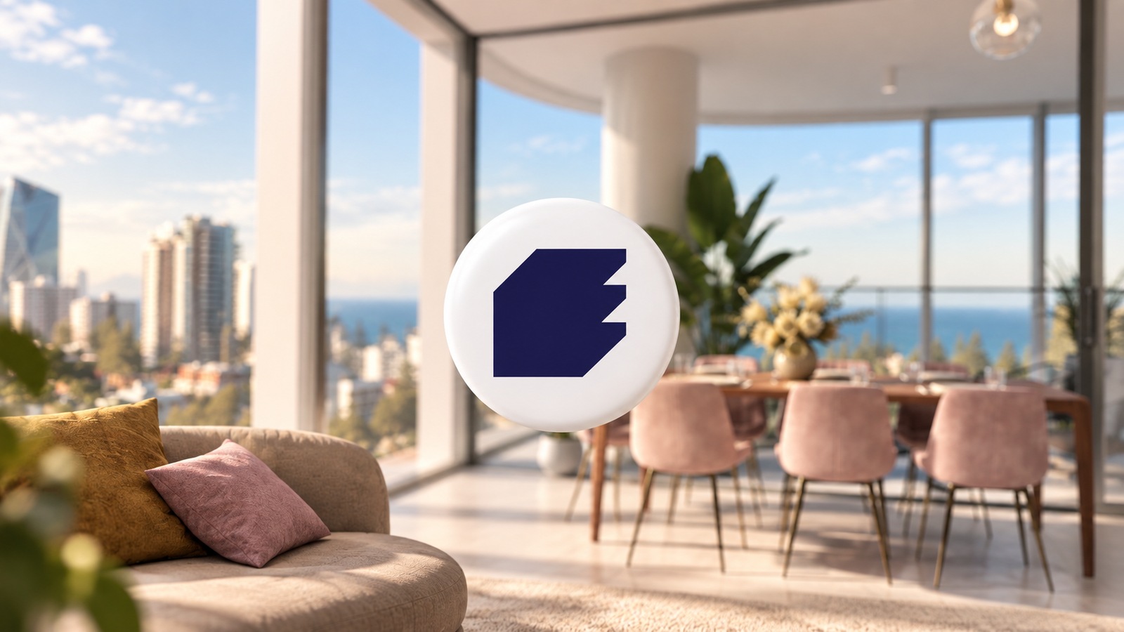 Editorial illustration with the circular Enviz app icon centered over a virtual apartment and coastal city view