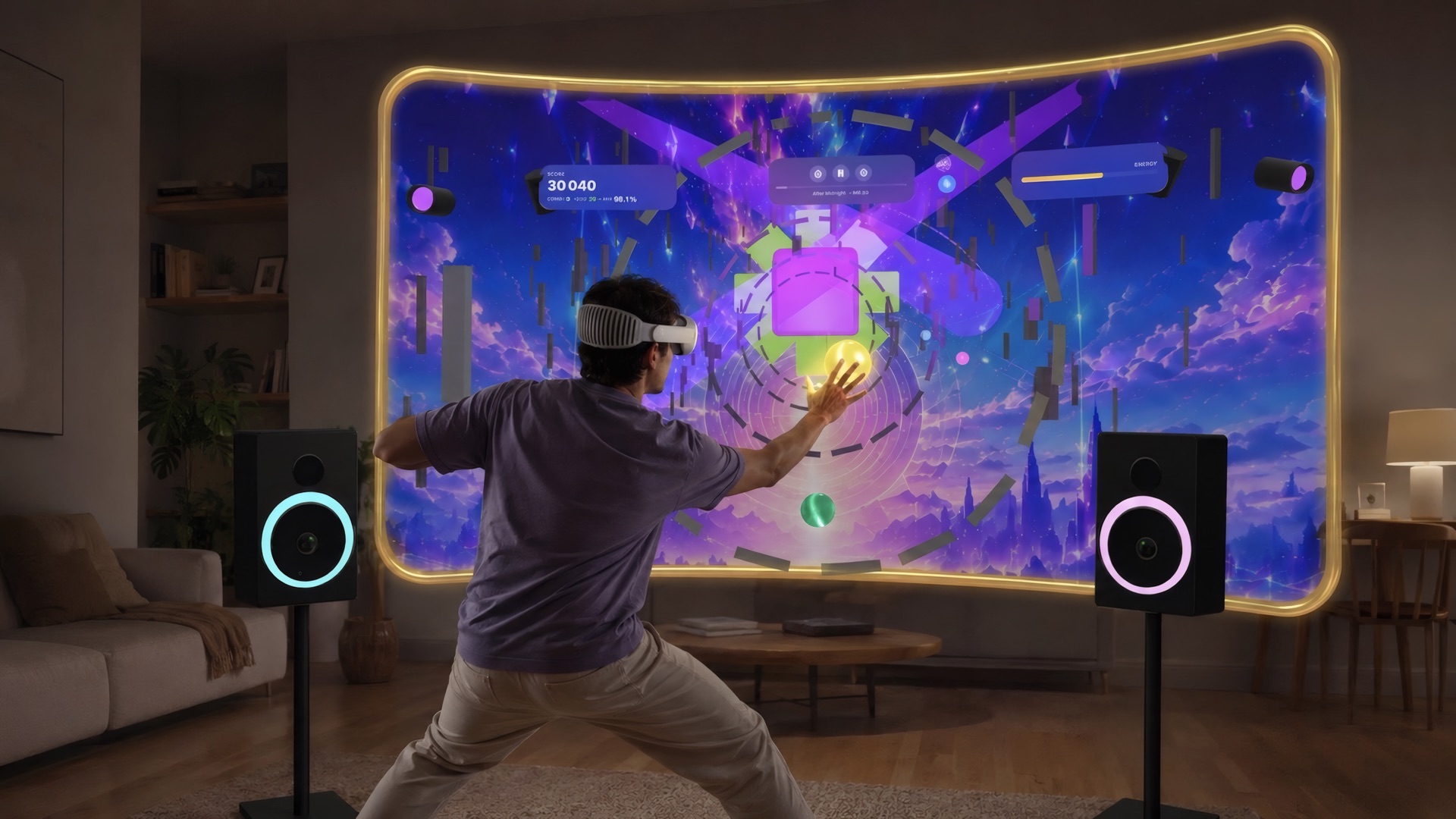 Flow Chaser promotional artwork shows a Vision Pro player reaching toward a glowing orb in a colorful portal