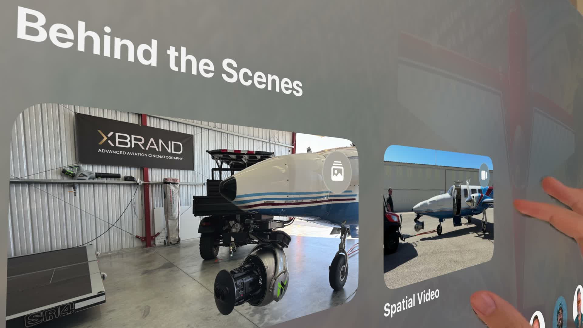Fovii behind-the-scenes gallery showing an immersive camera rig beneath an aircraft and a spatial video preview