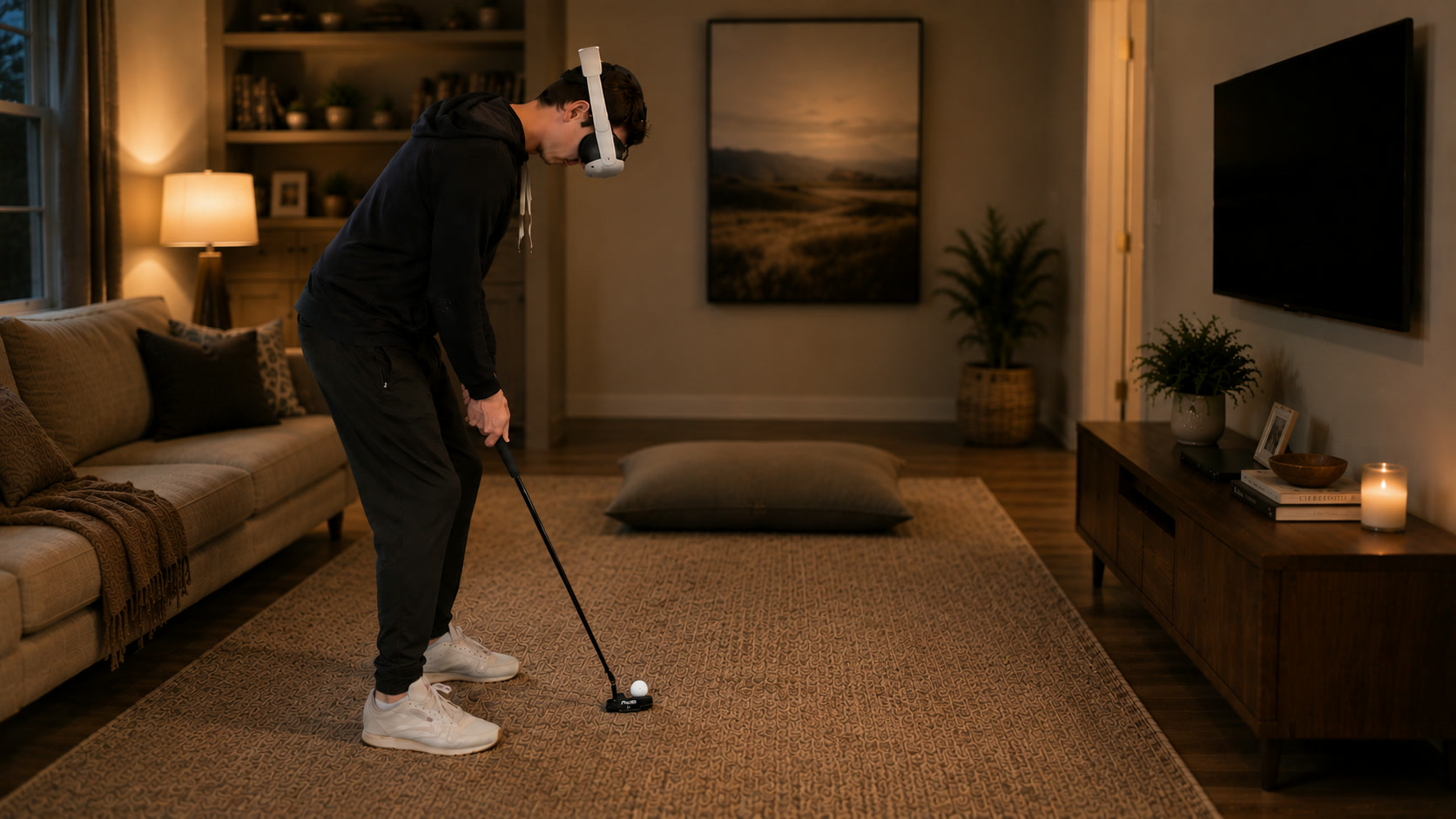 GOLF+ promotional image of a Quest wearer putting a real golf ball in a living room