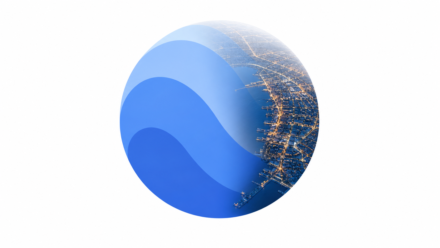 The blue Google Earth globe changing into a satellite view of a city at night