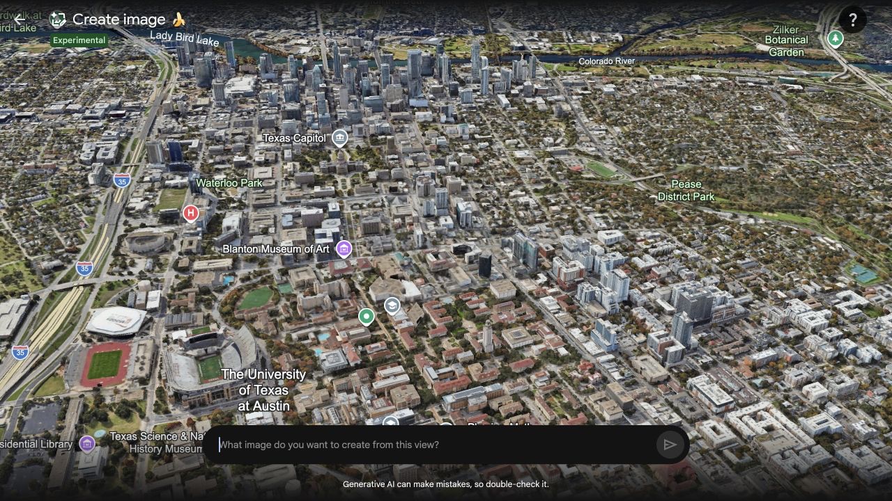 The experimental Create image tool open over a 3D Google Earth view of Austin