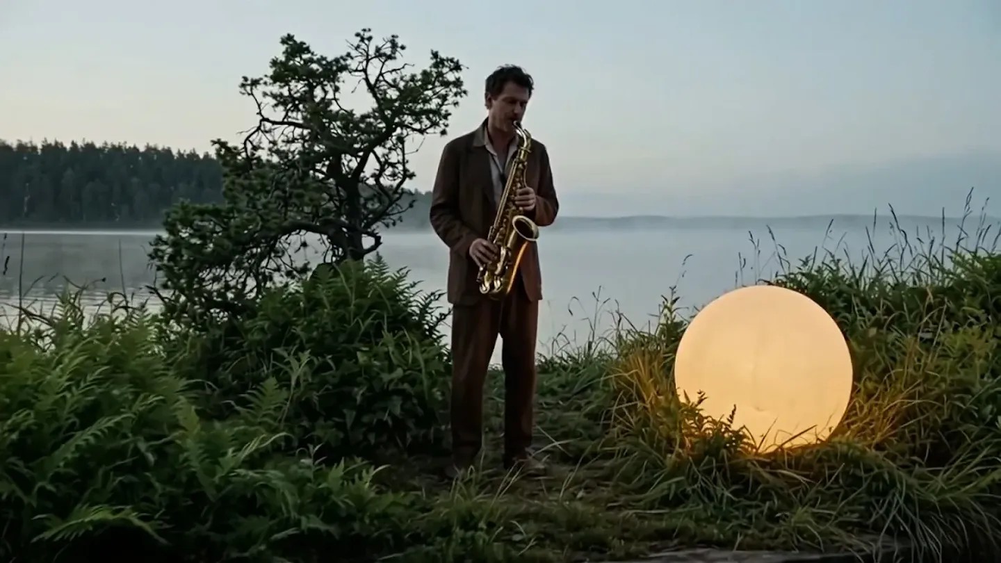 An AI-generated saxophone player stands beside a glowing sphere and a lake in Google’s Genie 4 demo.