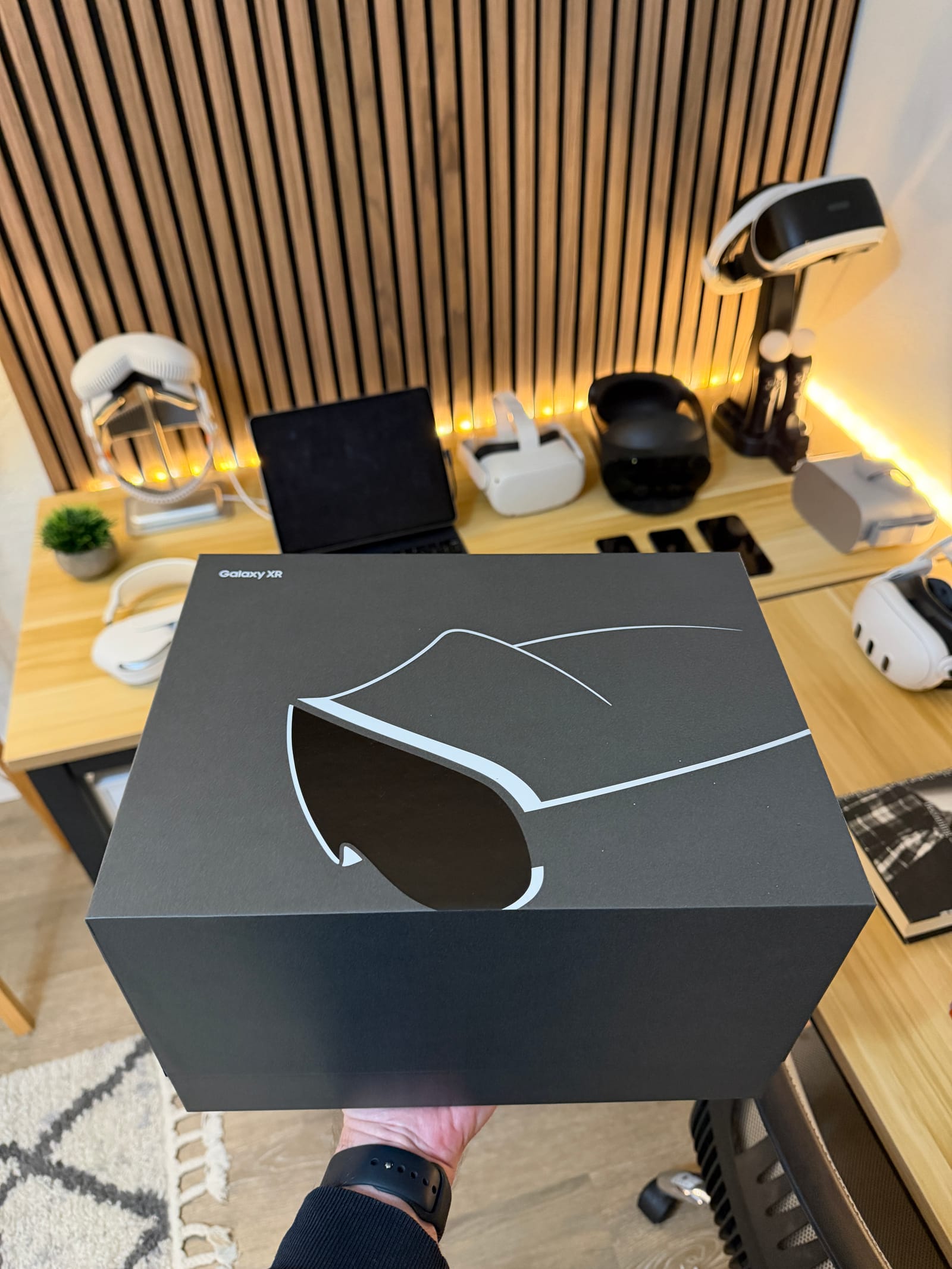 Samsung Galaxy XR and spatial-computing hardware arranged for comparison