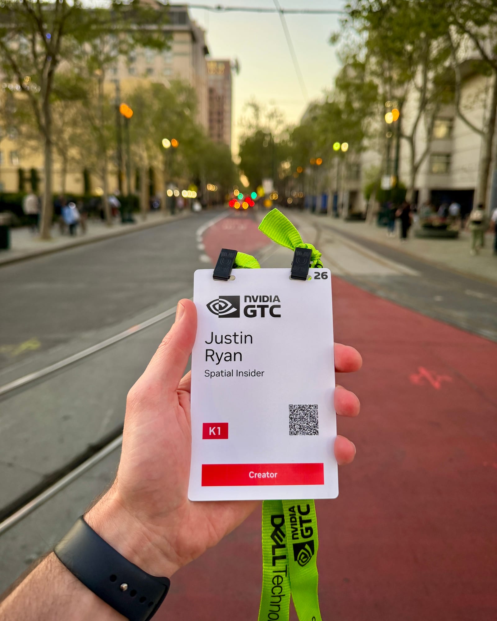 A Spatial Insider creator badge at NVIDIA GTC 2026 in San Francisco