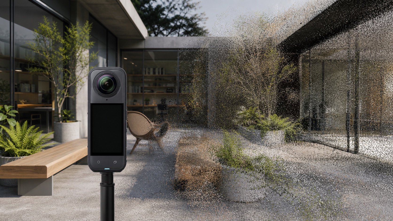 An Insta360 X5 capturing a courtyard as the same place becomes a Gaussian splat