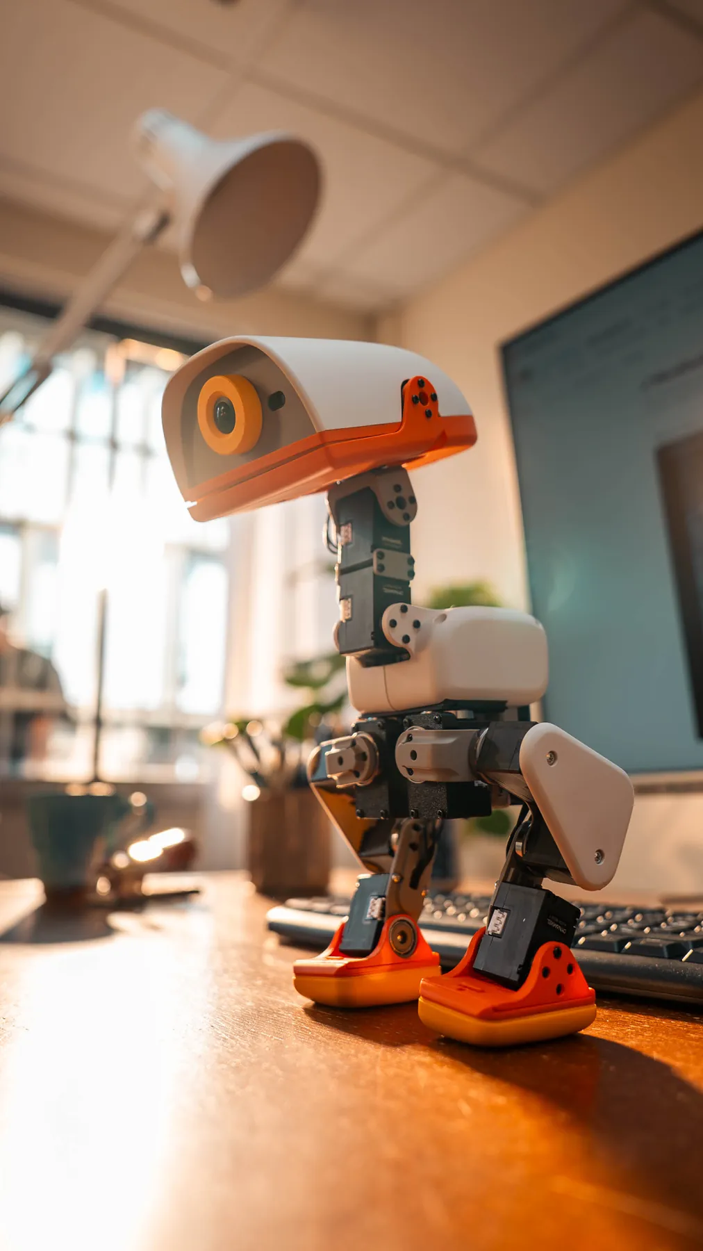 A cream-and-orange Microduck robot standing on a desk