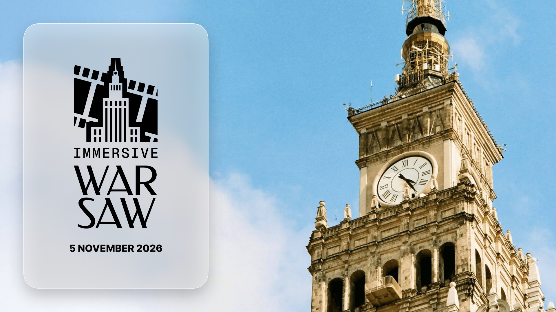 Immersive Warsaw logo and 5 November 2026 beside the Palace of Culture and Science clock tower